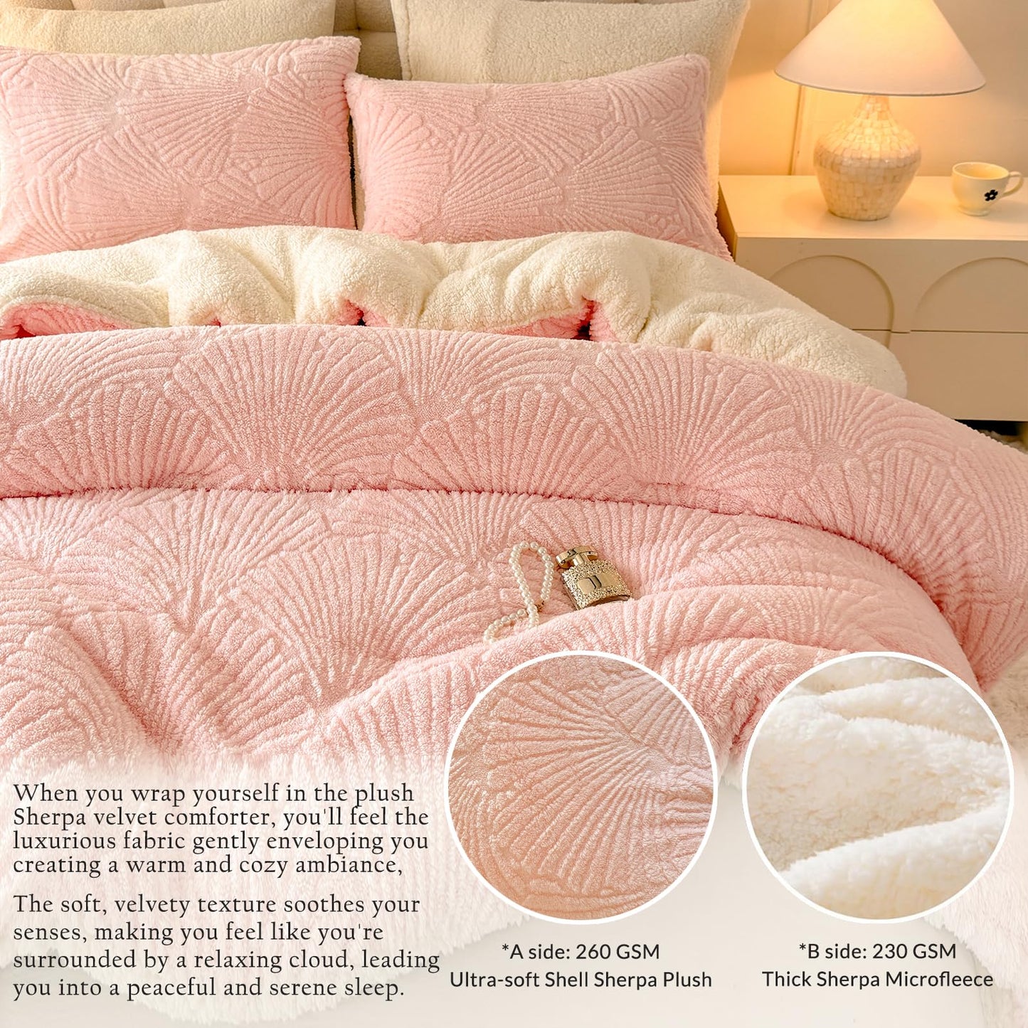 tohrisa Seashell Jacquard Sherpa Comforter Set Warm Cozy Premium Bedding 3 Pieces, King Size Geometric Pattern Quilt Comforter with 2 Pillowcases(104"X90" Light Pink)