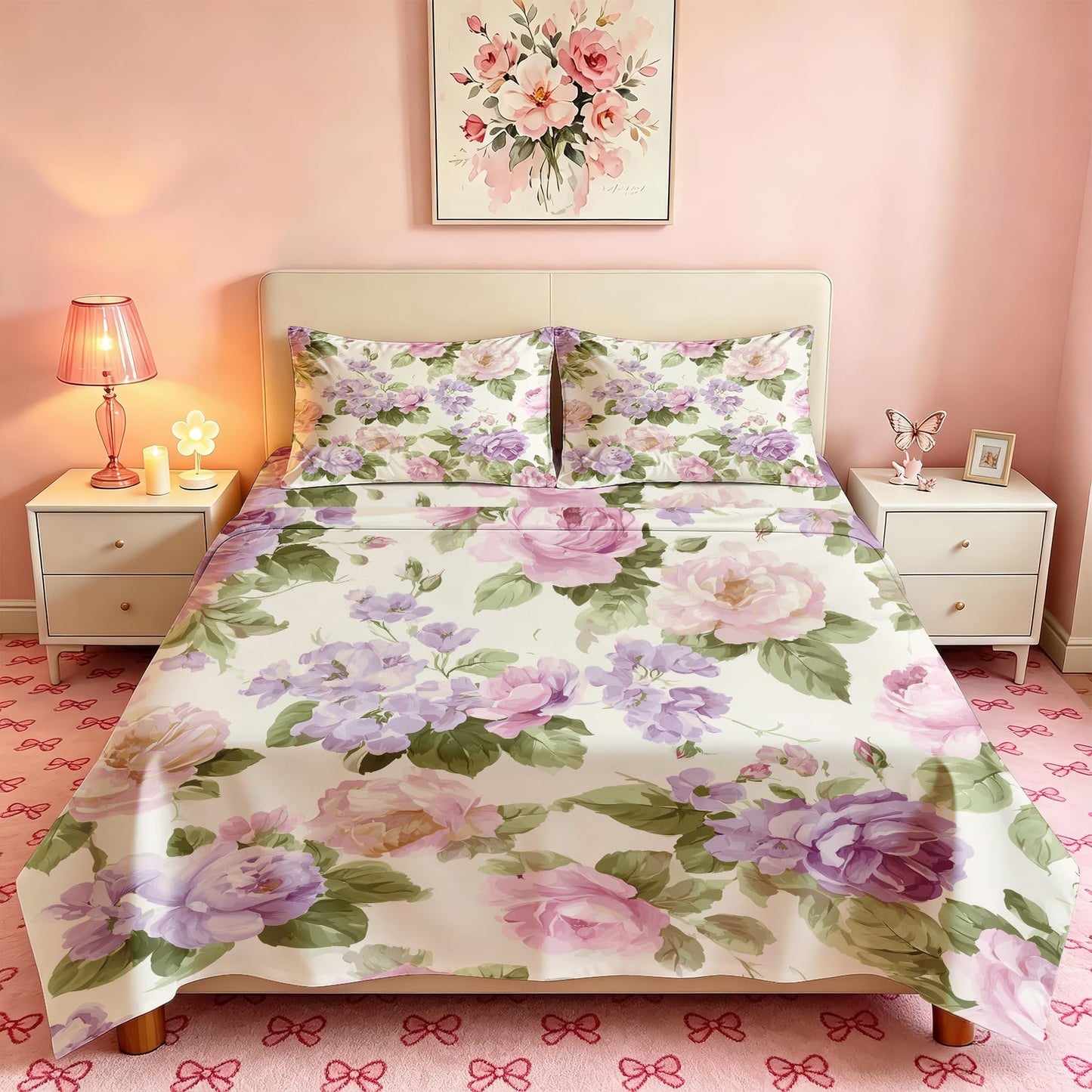 Purple Peony King Sheet Set 4 Pcs Watercolor Flowers Bed Sheets