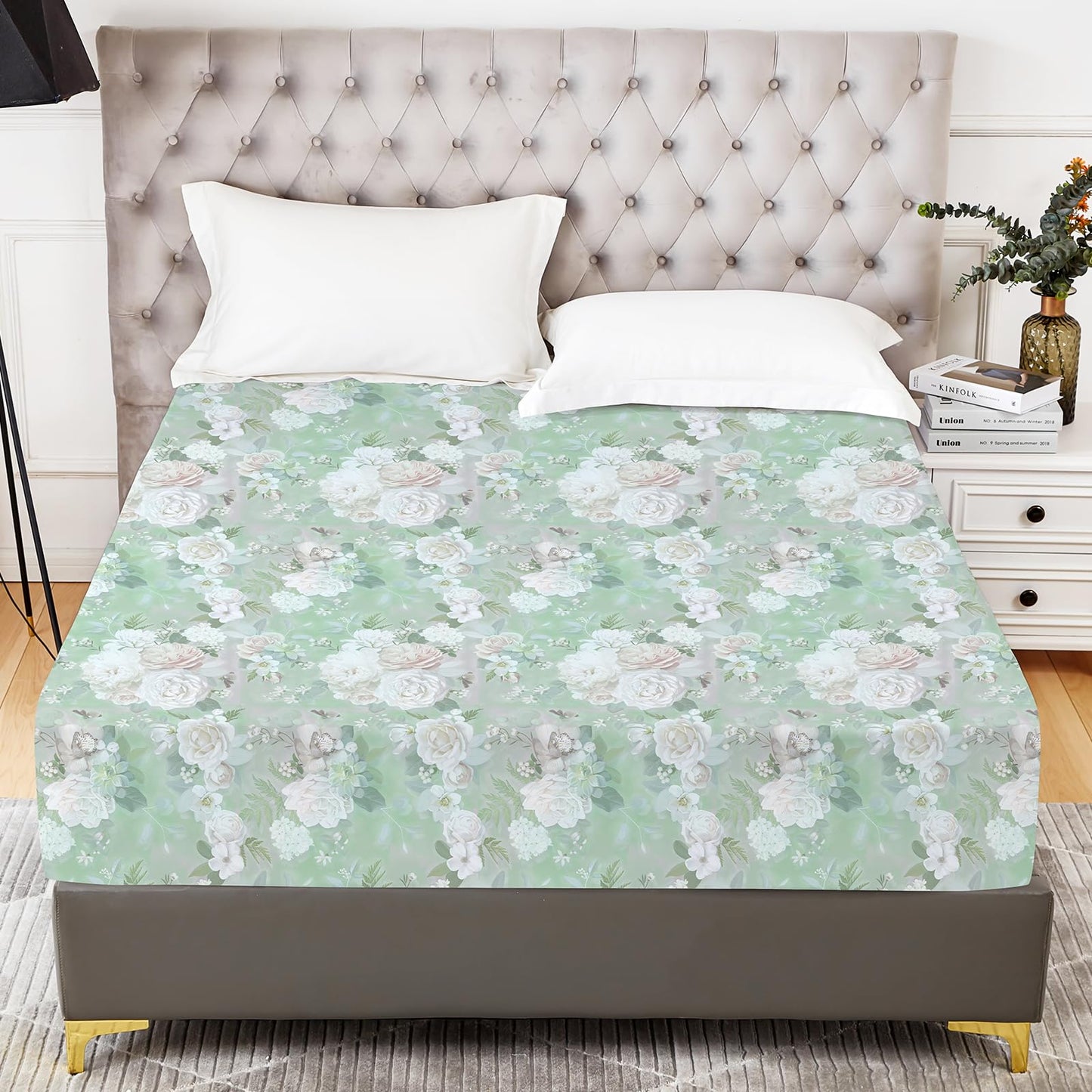 YIYEA Floral Fitted Sheet Only, Premium Double Brushed Microfiber Deep Pocket Fitted Sheet Queen Size, Ultra Soft Fitted Bottom Sheet, Shrinkage, Fade Resistant, Queen