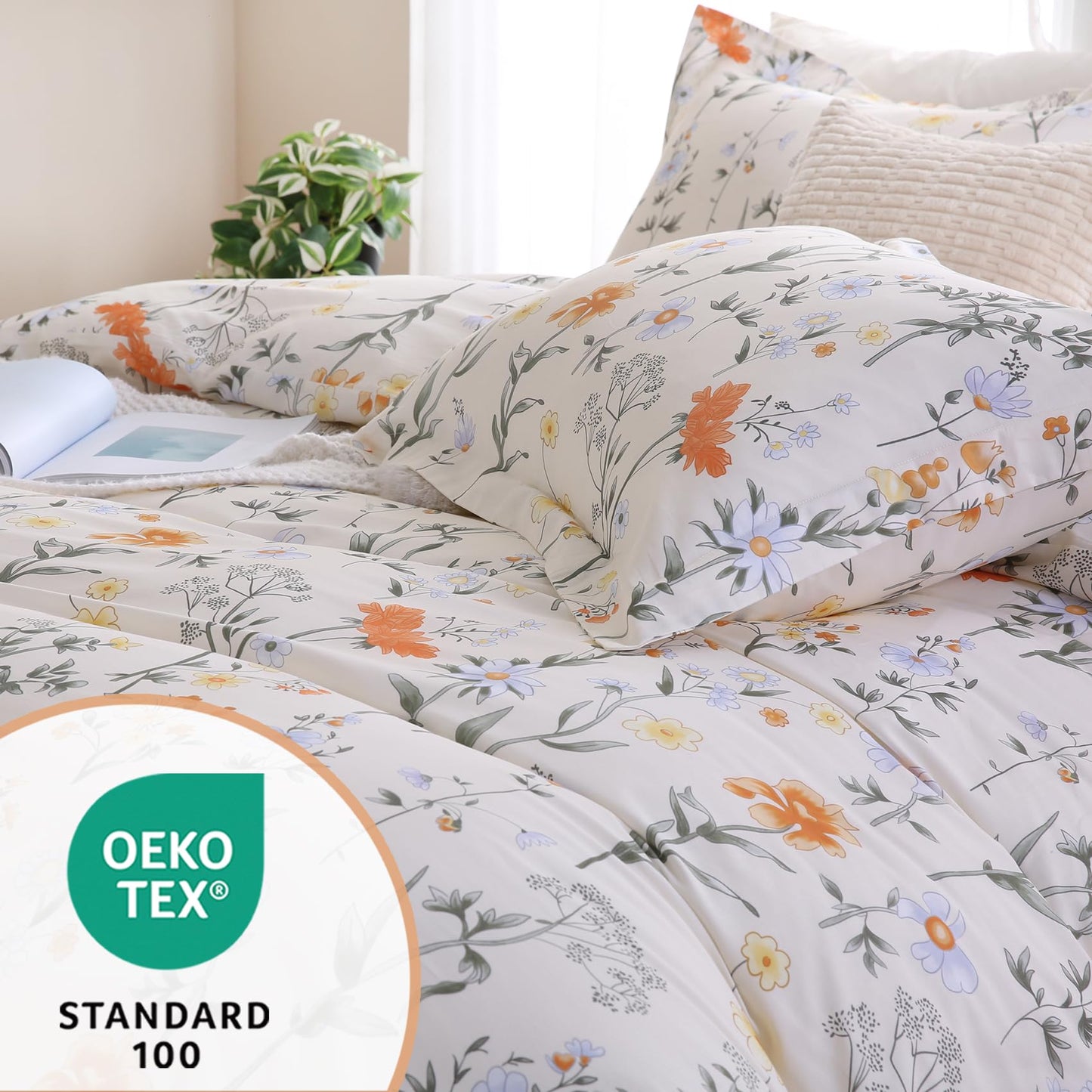 Ocharo Spring Floral 100% Cotton Duvet Cover King Size,Reversible Bedding Set with Yellow White Flowers,Soft Garden and Farmhouse Theme Duvet Bed Cover with 2 Pillow Cases(20"x36")