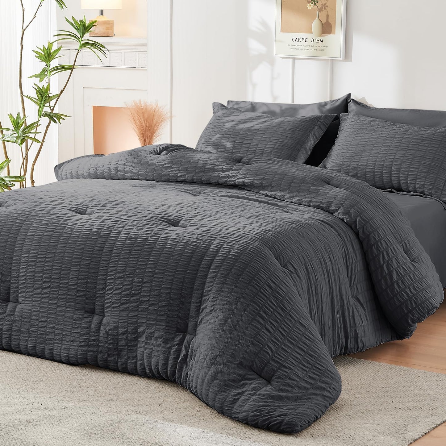 HYMOKEGE Oversized Queen Comforter Set Seersucker 7 Pieces, All Season Luxury Bed in a Bag for Bedroom, Bedding Set with Comforter, Sheets, Pillowcases & Shams, Dark Grey