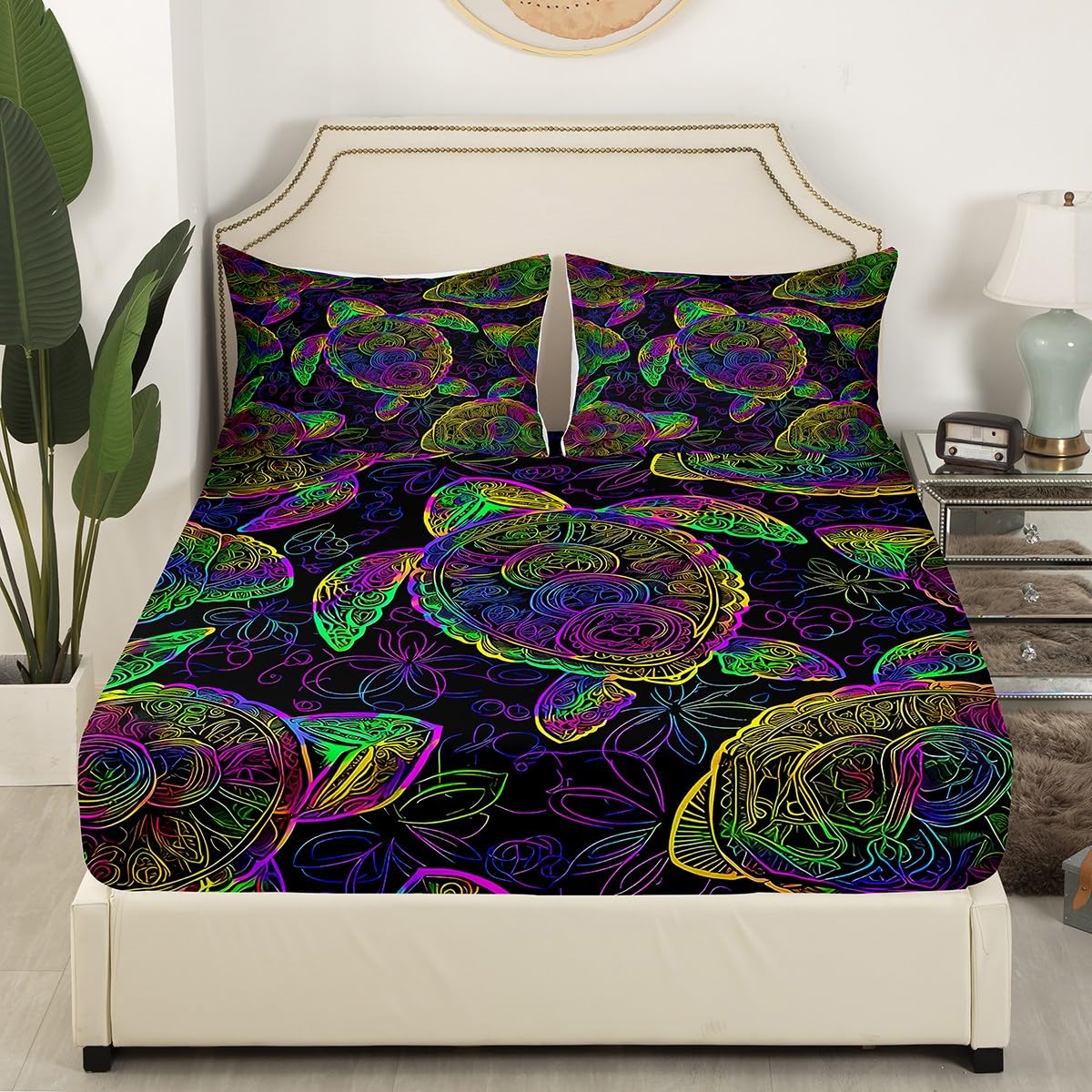 Feelyou Sea Turtle Fitted Sheet Ocean Creature Bed Sheet Set Sea Animal Bedding Boho Mandala Sheet Set Queen Size Includes 1 Sheets & 2 Pillowcases (No Flat Sheet)