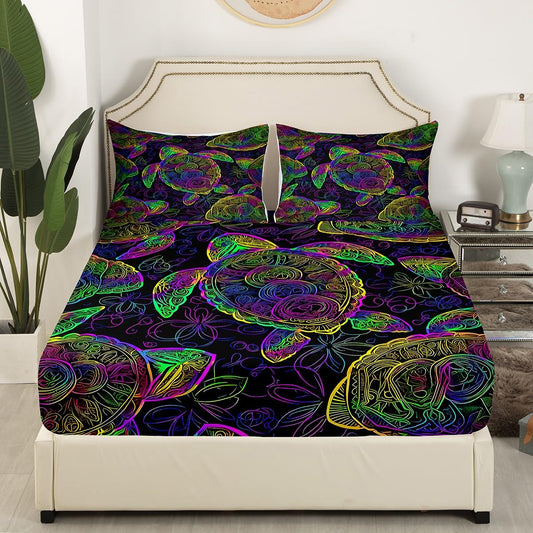 Feelyou Sea Turtle Fitted Sheet Ocean Creature Bed Sheet Set Sea Animal Bedding Boho Mandala Sheet Set Queen Size Includes 1 Sheets & 2 Pillowcases (No Flat Sheet)