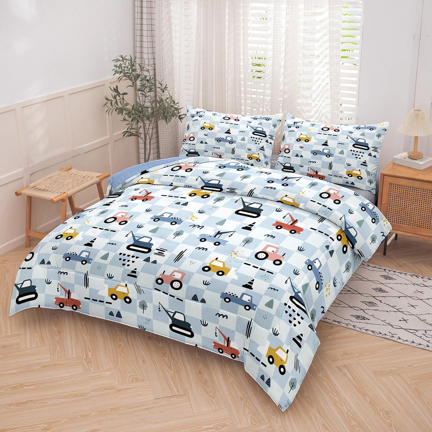 Peopleareok Excavator Comforter Set Twin (68x86 Inch), 2 Pieces Construction Machinery Truck Tractor Bedding Sets for Kids Boys, Super Soft Microfiber Comforter with 1 Pillowcase