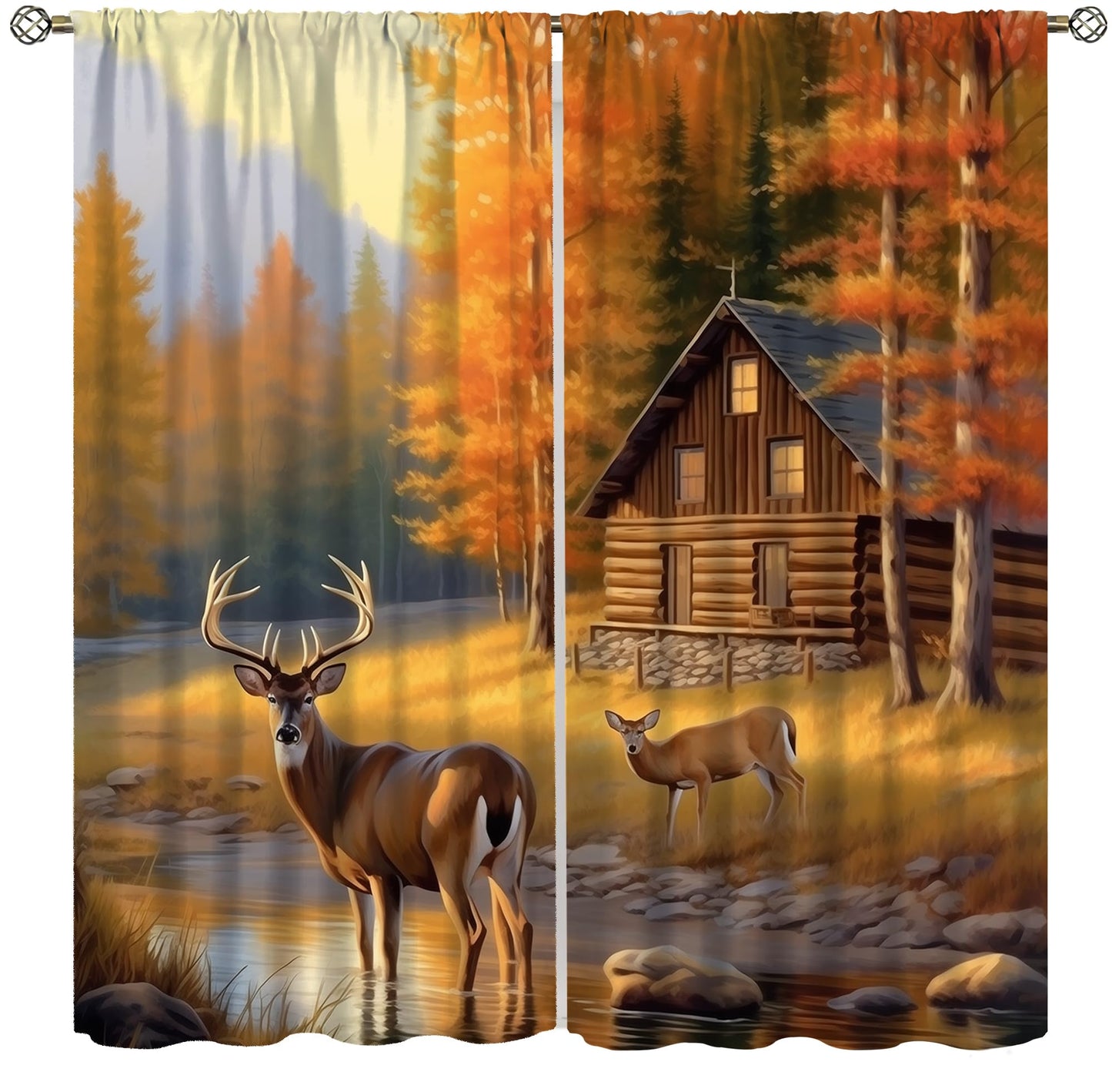 AAVEUP Deer Curtains for Bedroom,Vintage Rustic Fall Hunting Farmhouse River Cabin Elk Wildlife Window Drape for Boys Girls Living Room Farmhouse Cottage 42x45in（No Blackout）