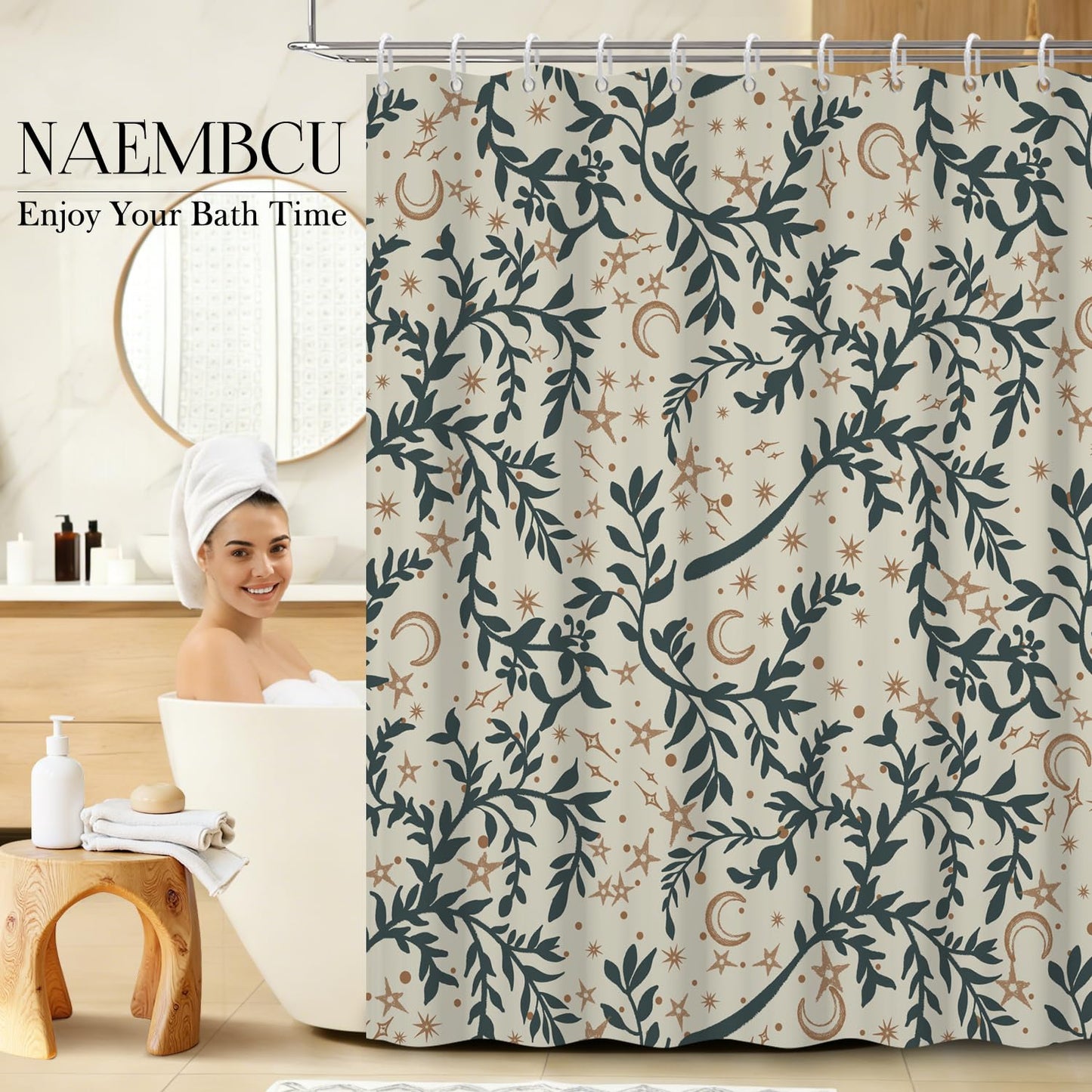 NAEMBCU Botanical Celestial Shower Curtain with Hooks - 72x72 Inch Waterproof Fabric Bathroom Curtain with Green Leaf & Moon Star Pattern, Bath Curtain for Boho Aesthetic Interiors