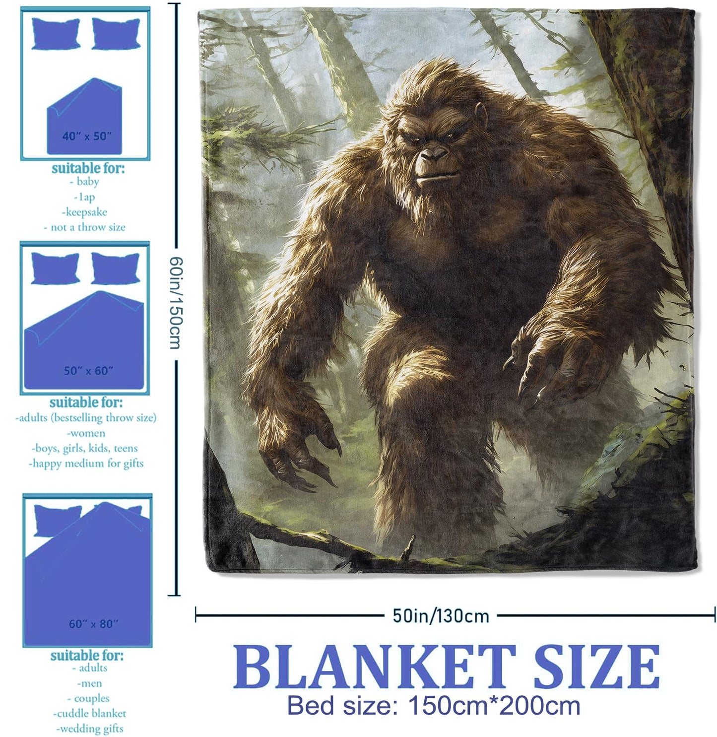 Plistiz Bigfoot Throw Blanket 50x60, Bigfoot Theme Blankets for Living Room Decor, Soft Flannel Bigfoot Gifts for Women