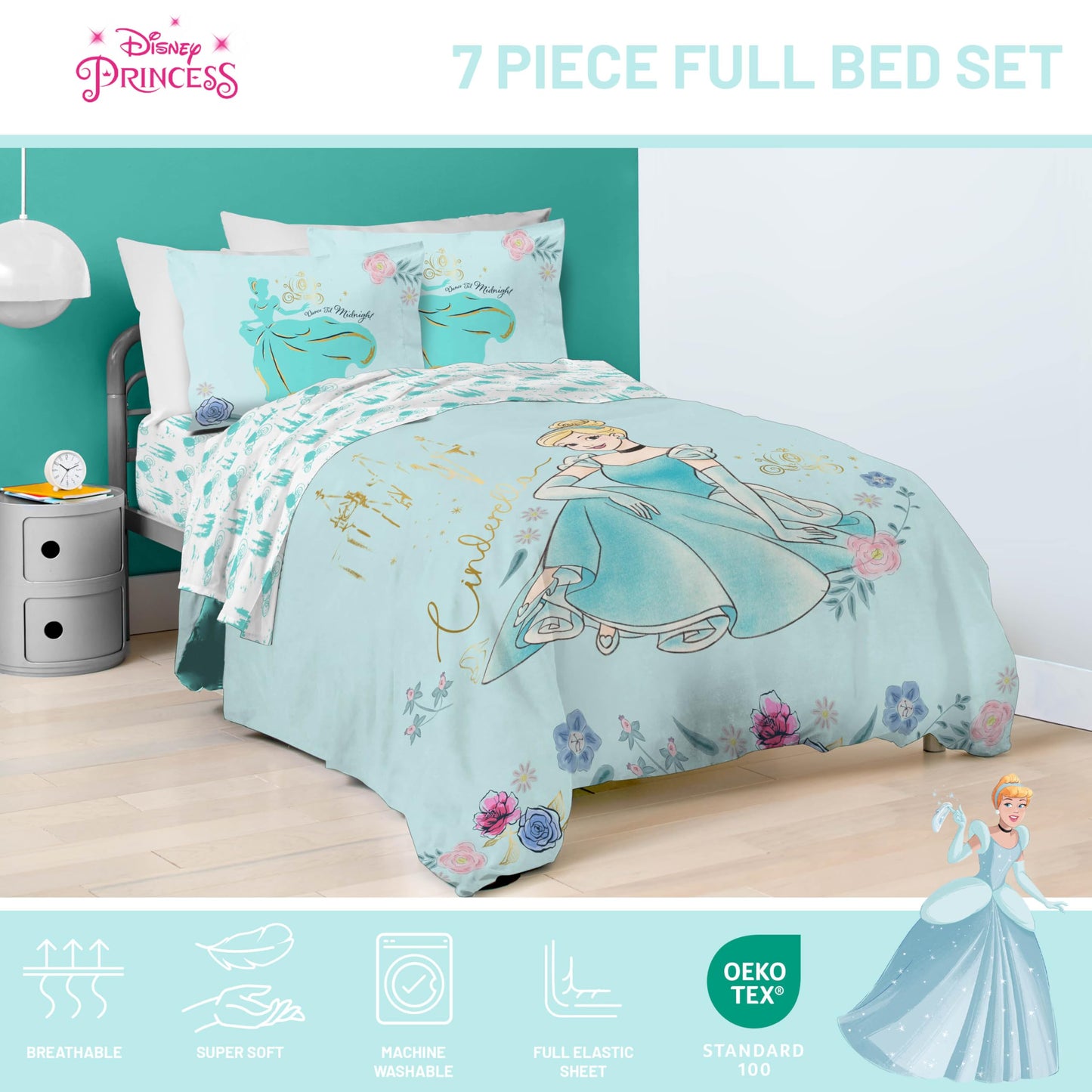 Jay Franco Kids Comforter Set Includes Sheets and Pillow Covers - Soft and Cozy Bed Set for Stylish Room Decor, Official Licensed Bedding, Blue - Princess Cinderella, 7 Piece Full