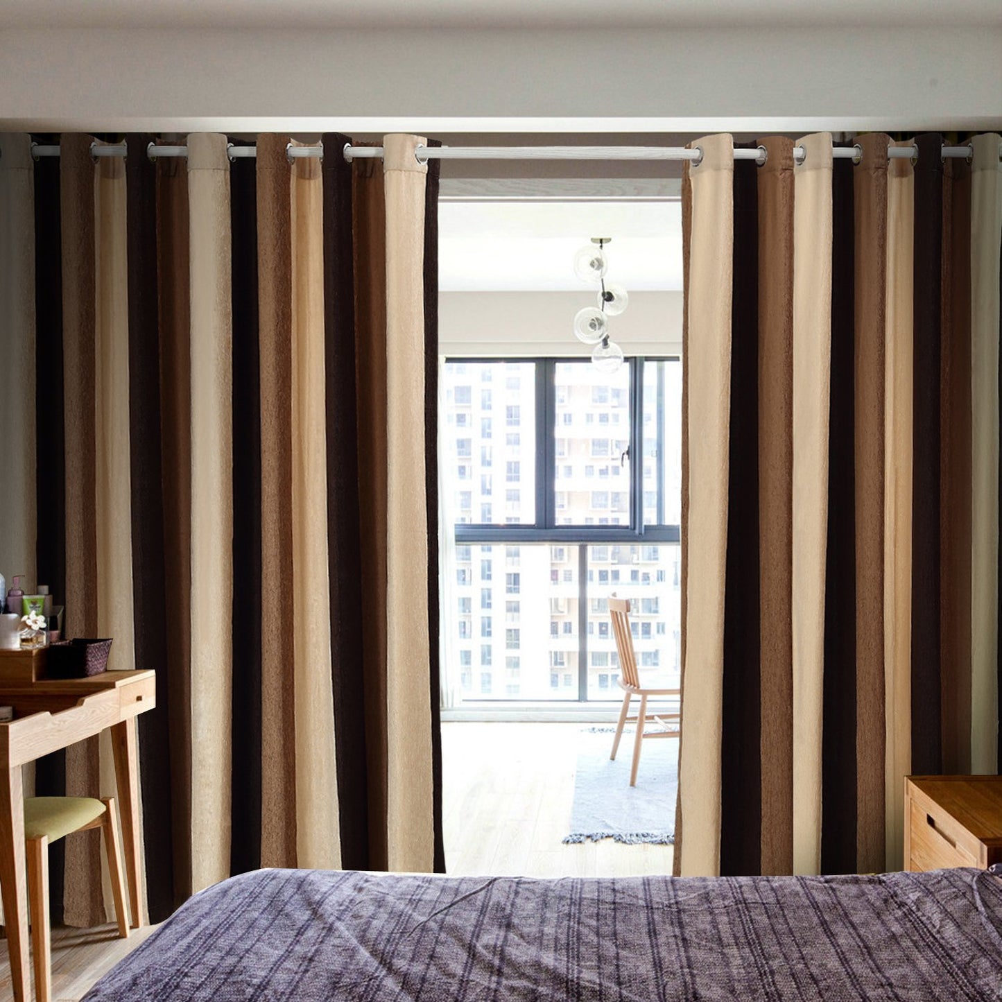 VIAGL Bedroom Absolute Heat Insulation Chenille Vertical Striped Color Window Curtains Living Room Buttonhole Single Panel (W52xL63, Brown)