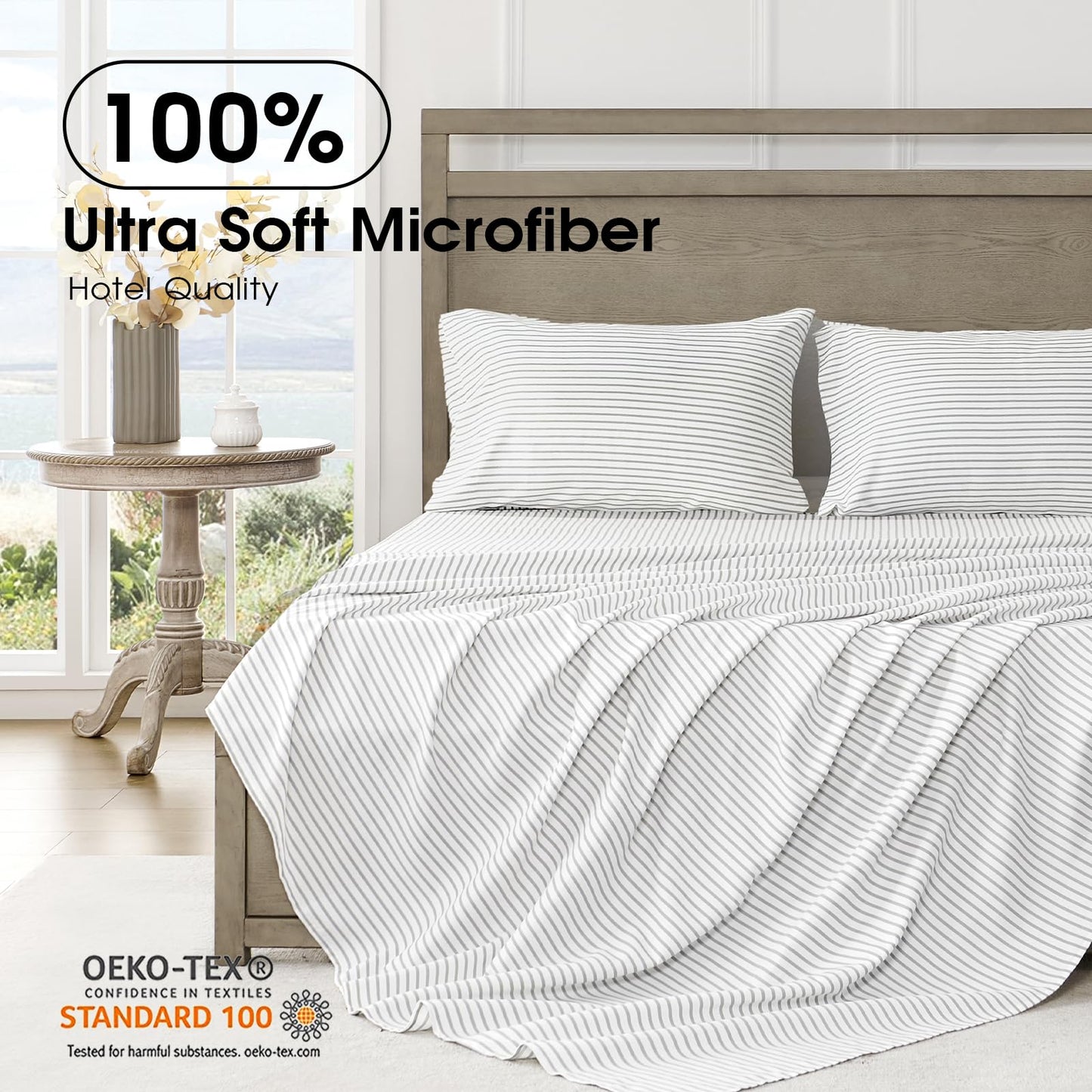 FreshCulture King Size Sheets Set - Ultra Soft Striped Microfiber Sheets - Deep Pockets up to 16" - Easy Care - Hotel Luxury 4 Piece Set, Stripe Grey