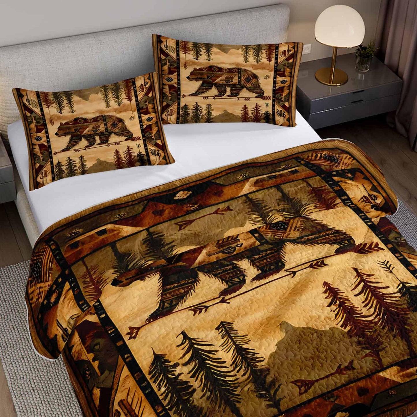 UEVBF Rustic Cabin Brown Bear Quilts Set Queen Size,3Pcs Retro Mountains and Arrows Bedspread for Hunting Themed Room Decor,Ethnic Country Style Bedding Sets with 2 Pillowcases.