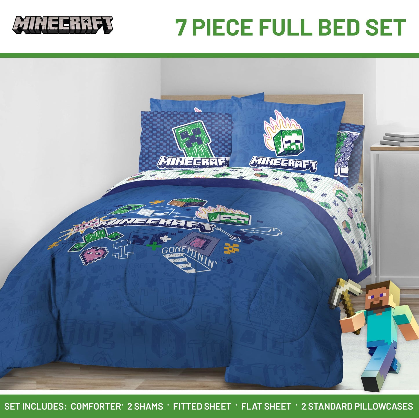 Jay Franco Kids Comforter Set Includes Sheets and Pillow Covers - Soft and Cozy Bed Set for Stylish Room Decor, Blue - Minecraft 02, 7 Piece Full Bedding