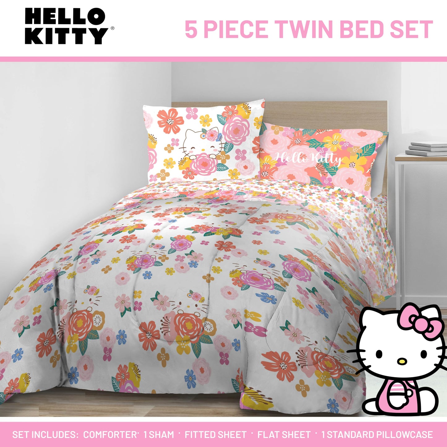 Jay Franco Hello Kitty Twin Size Comforter Set - 7 Piece Bedding Includes Sheet Set & Pillow Covers - Super Soft Floral Bedding