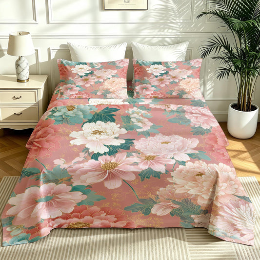Pink Peony Sheet Set, 4 Pcs Queen Size Vintage Floral Bed Sheets