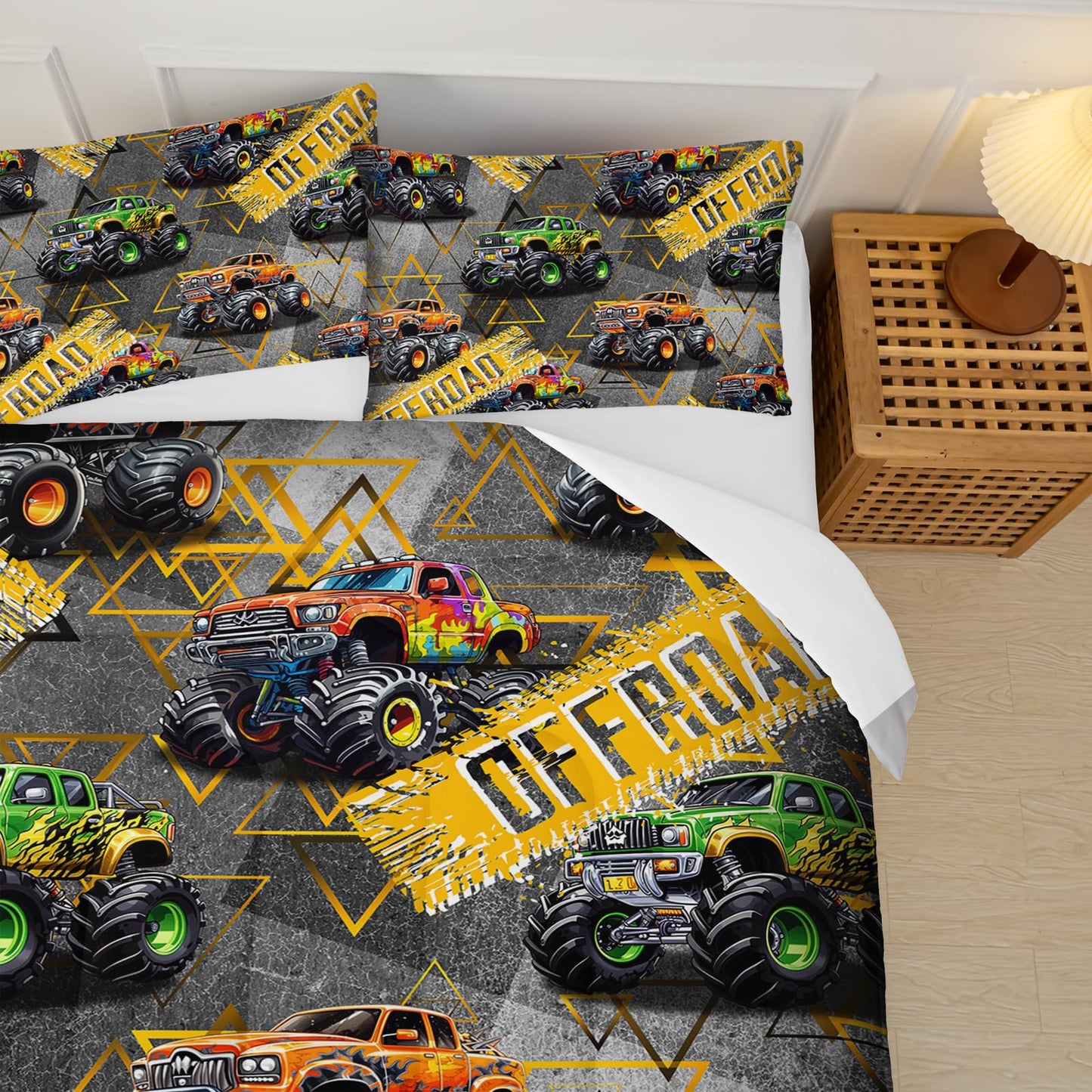 lneffble Full Size Monster Truck Comforter Sets for Boys，Monster Truck Full Size Bedding Sets Boys，with 1 Comforter with 2 Pillow Case，Kids Monster Truck Themed Bedroom Decor
