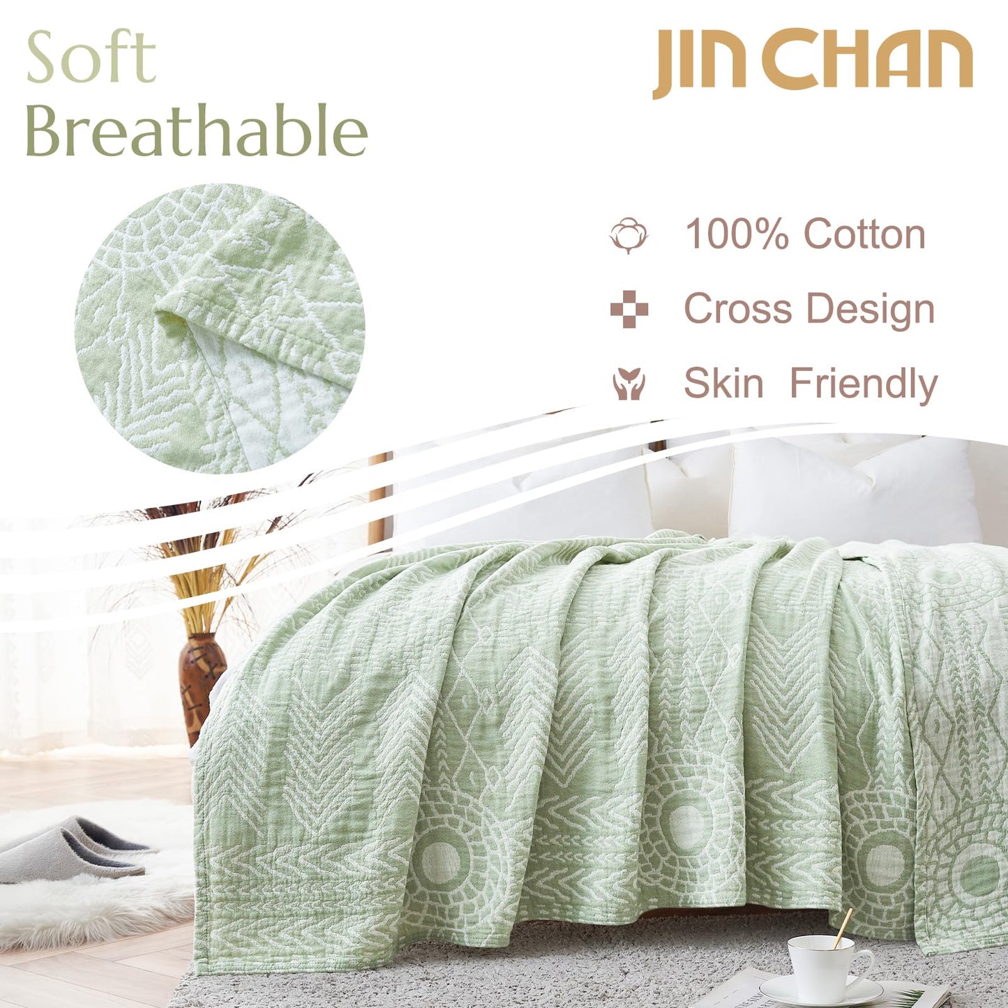 jinchan Boho 100% Cotton Blanket Muslin Lightweight Twin Size Throw Blanket Reversible for Couch Soft Cozy All Season 3-Layer Throw Coverlet Blanket for Bedroom Living Room Decor Green 60x80 Inches