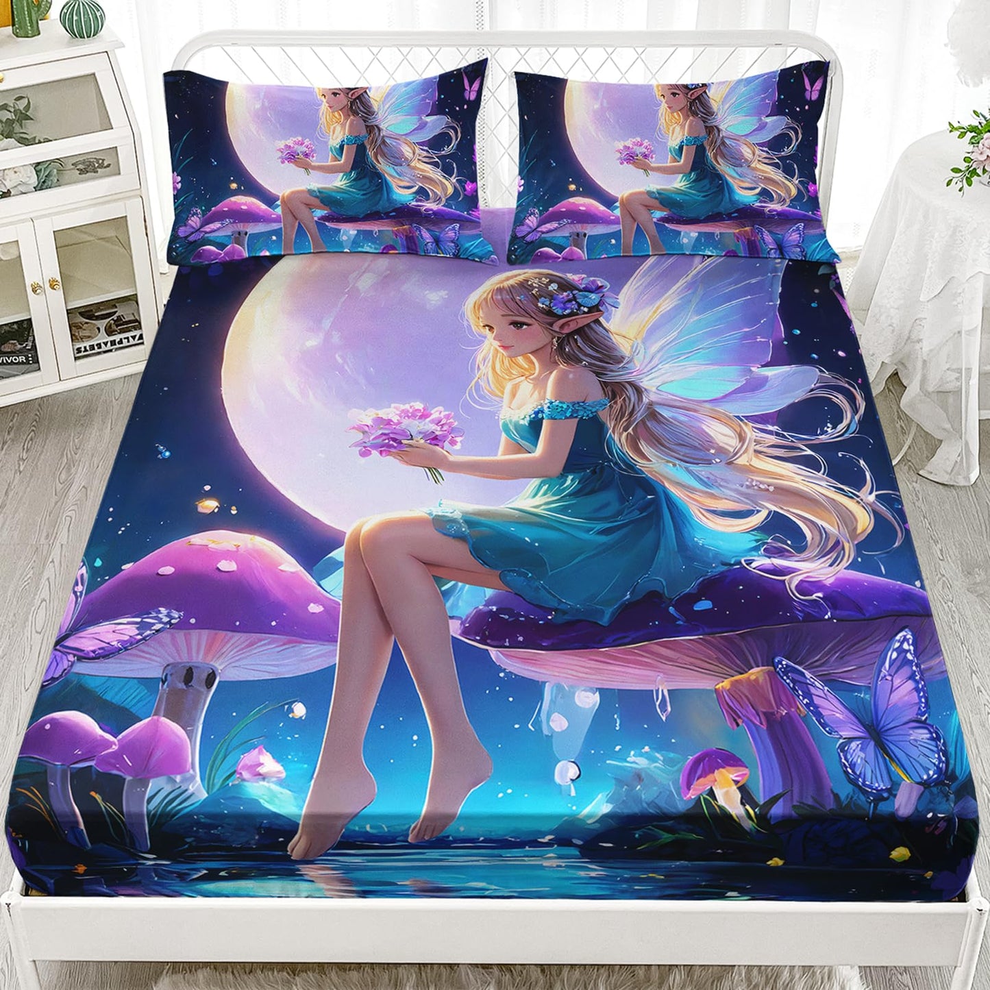 AILONEN Beautiful Fairy Girls Fitted Sheet Set Full Size, Purple Floral Butterfly Fairy Bedding Set,3-Piece Magic Mushroom Flower Fitted Sheet with 2 Pillowcases