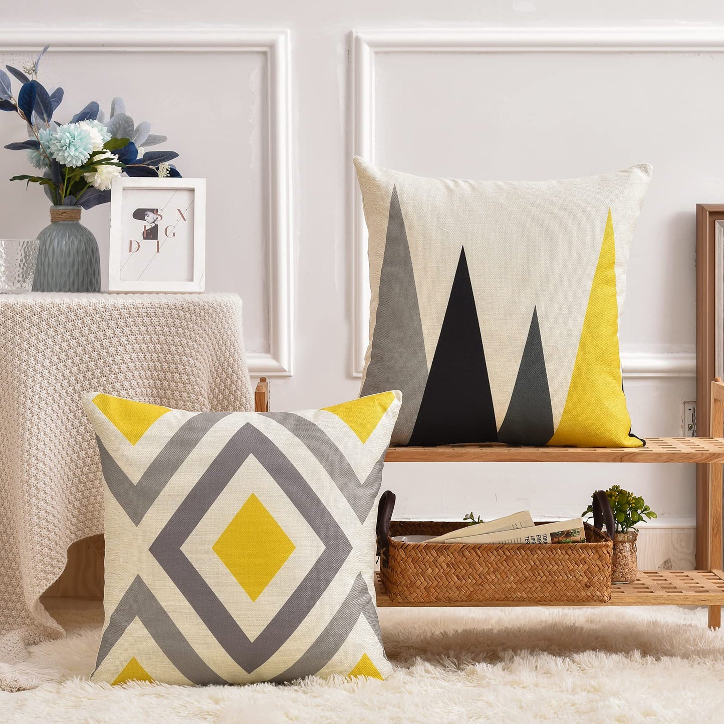 Tosewever Set of 4 Decorative Geometric Yellow Grey 18 x 18 Inches Throw Pillow Covers - Modern Pattern Linen Square Pillow Cushion Case for Sofa Couch Bed Home Decor Outdoor (18" x 18", Yellow/Gray)