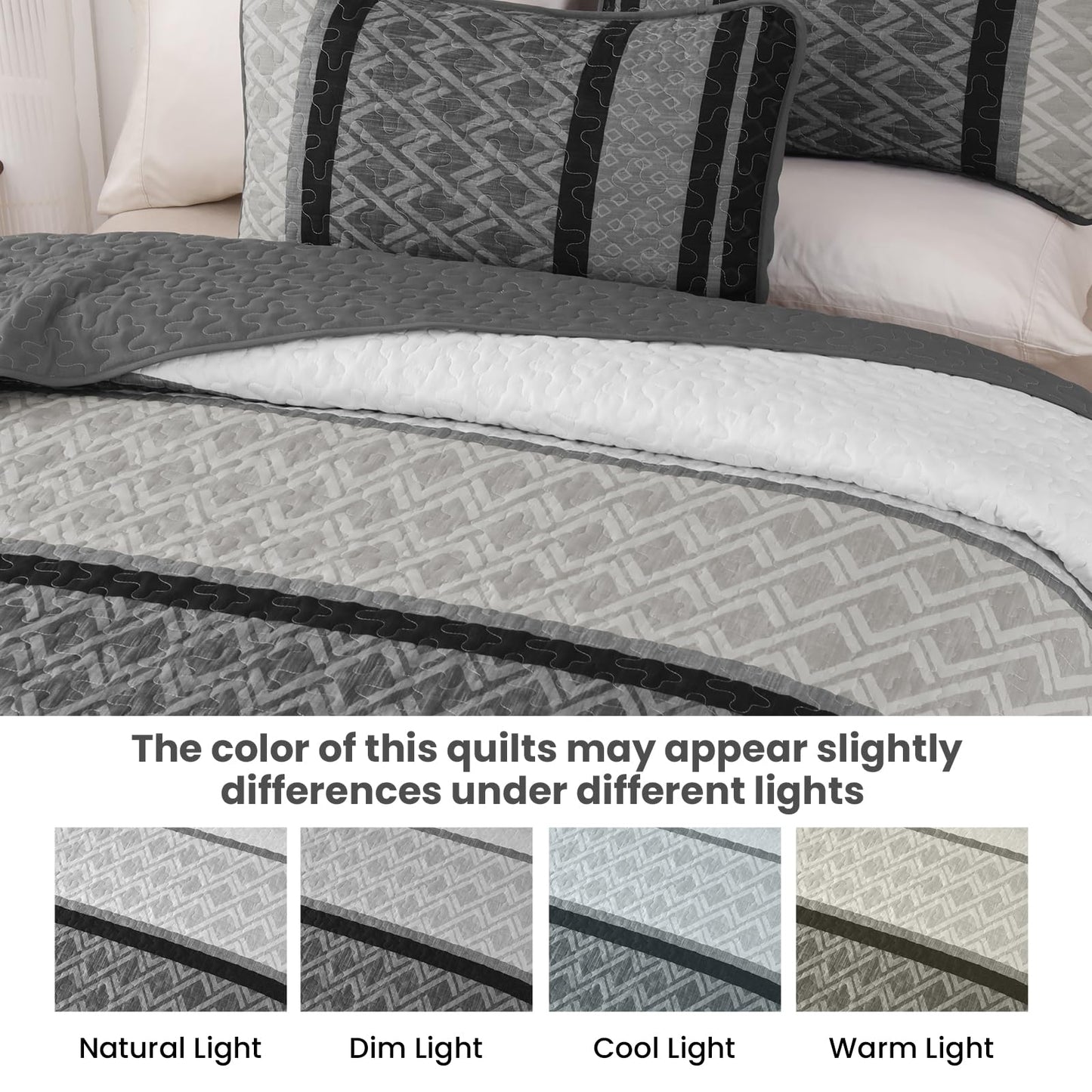 Dinjoy Queen Quilt Set Dark Grey,Striped Bedspread Queen Size, Fall Bedding Sets 3 Pieces Micofiber Lightweight Mens Quilts with 2 Pillow Shams Black Gray Coverlet Bed Sets for Family 96''x90''