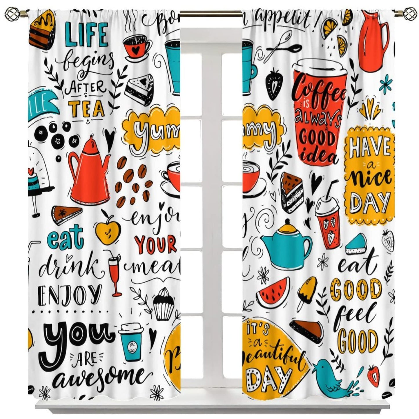 DDCBNS Coffee Curtains,Coffee Theme Rustic Drink Dessert Window Treatments for Kitchen Café Dining Room Modern Cute Window Drapes 2 Panels Set,Total Size 42 x 45 Inch