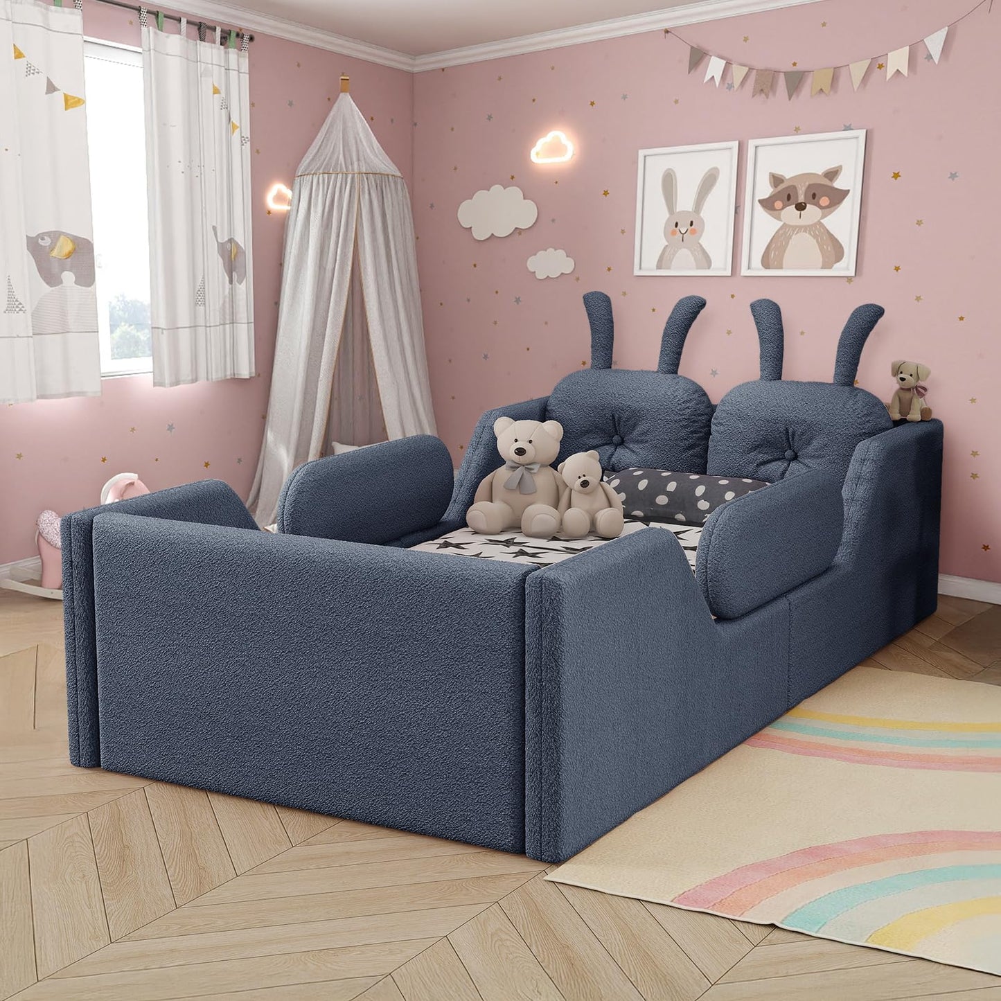 Duigonp Twin Size Kids Bed, Comfy Boucle Fabric Twin Daybed with Rabbit Cushions & Removable Side Rails, Upholstered Platform Bed, Cute Cozy Floor Bed for Girls, Boys, Teenager(Gray)