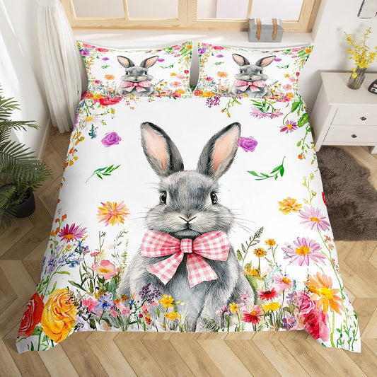 Rabbit Kawaii Bedding Set Easter Decorations for The Home,Cute Pet Animal Comforter Cover,Watercolor Flowers Duvet Cover Queen,Rainbow Boho Floral Happy Easter Decor Easter Gifts for Kids