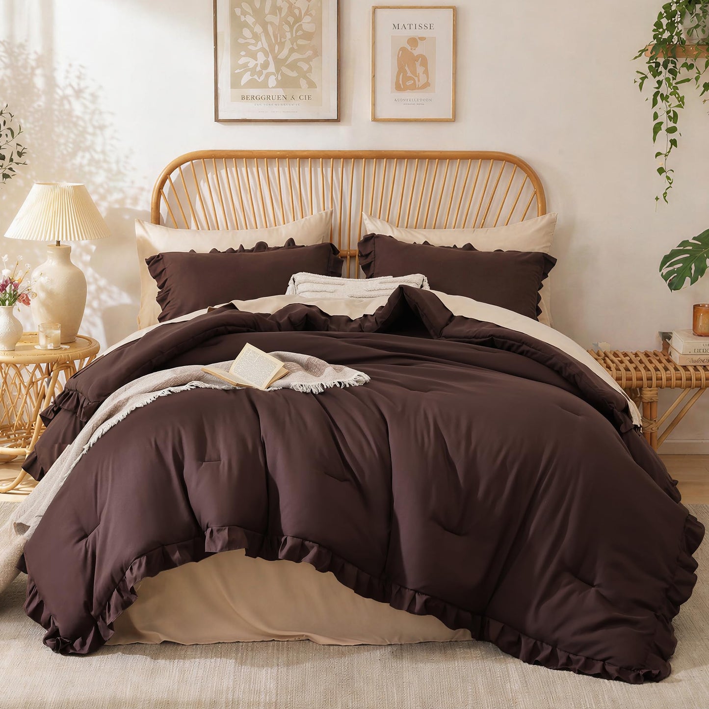 JANZAA Brown Comforter Set Queen – Soft Microfiber, Lightweight All Season Bedding, Ruffle Shabby Chic Aesthetic, Breathable Cozy Bed Set with 2 Pillow Shams, Machine Washable
