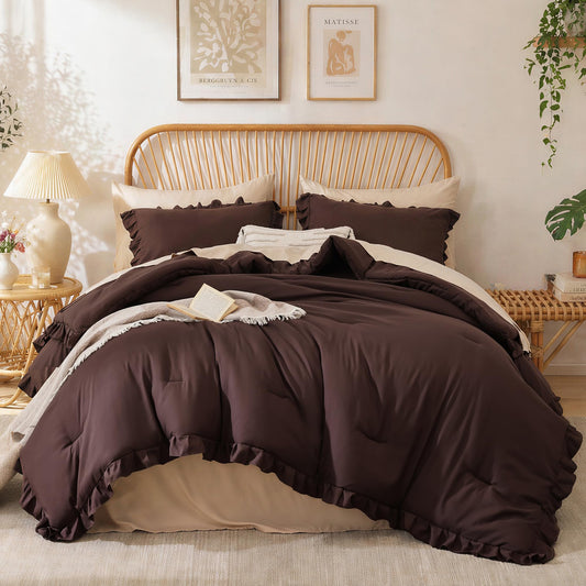 JANZAA Brown Comforter Set Queen – Soft Microfiber, Lightweight All Season Bedding, Ruffle Shabby Chic Aesthetic, Breathable Cozy Bed Set with 2 Pillow Shams, Machine Washable