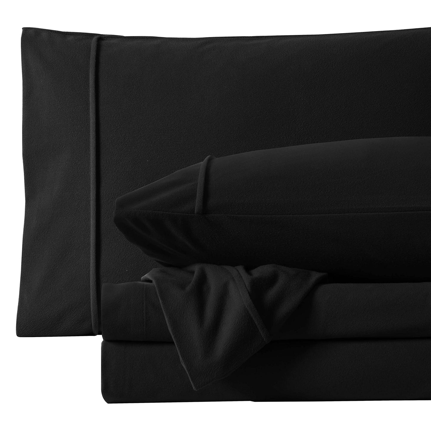 Flannel Sheets Warm and Cozy Deep Pocket Breathable All Season Bedding Set with Fitted, Flat and Pillowcases, Queen, Black