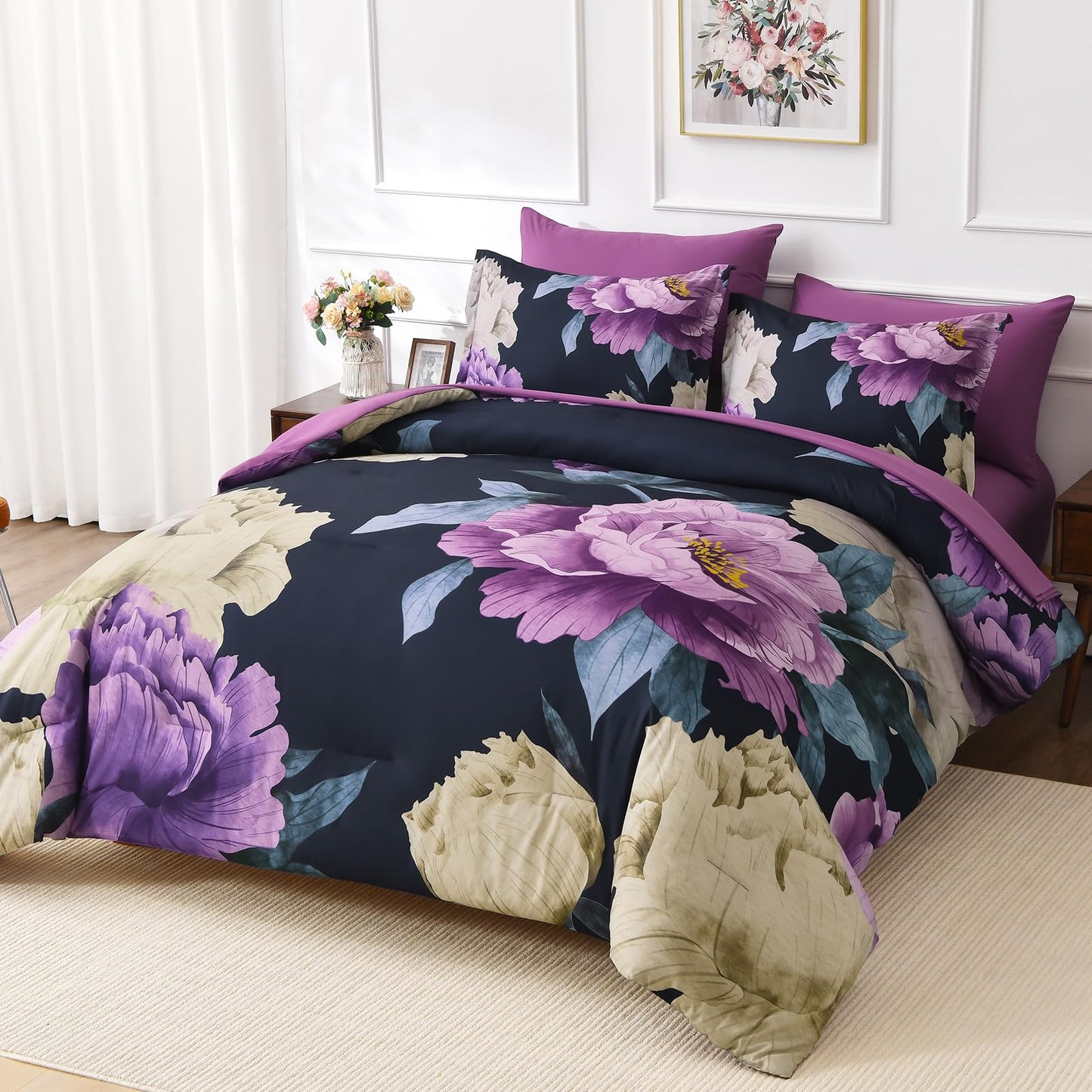 Dobuyly Dark Purple Comforter Set Queen 7 Piece Bed in a Bag, Elegant Floral Comforter Set with Sheets, Soft Microfiber Botanical Flower Bedding Set for All Season
