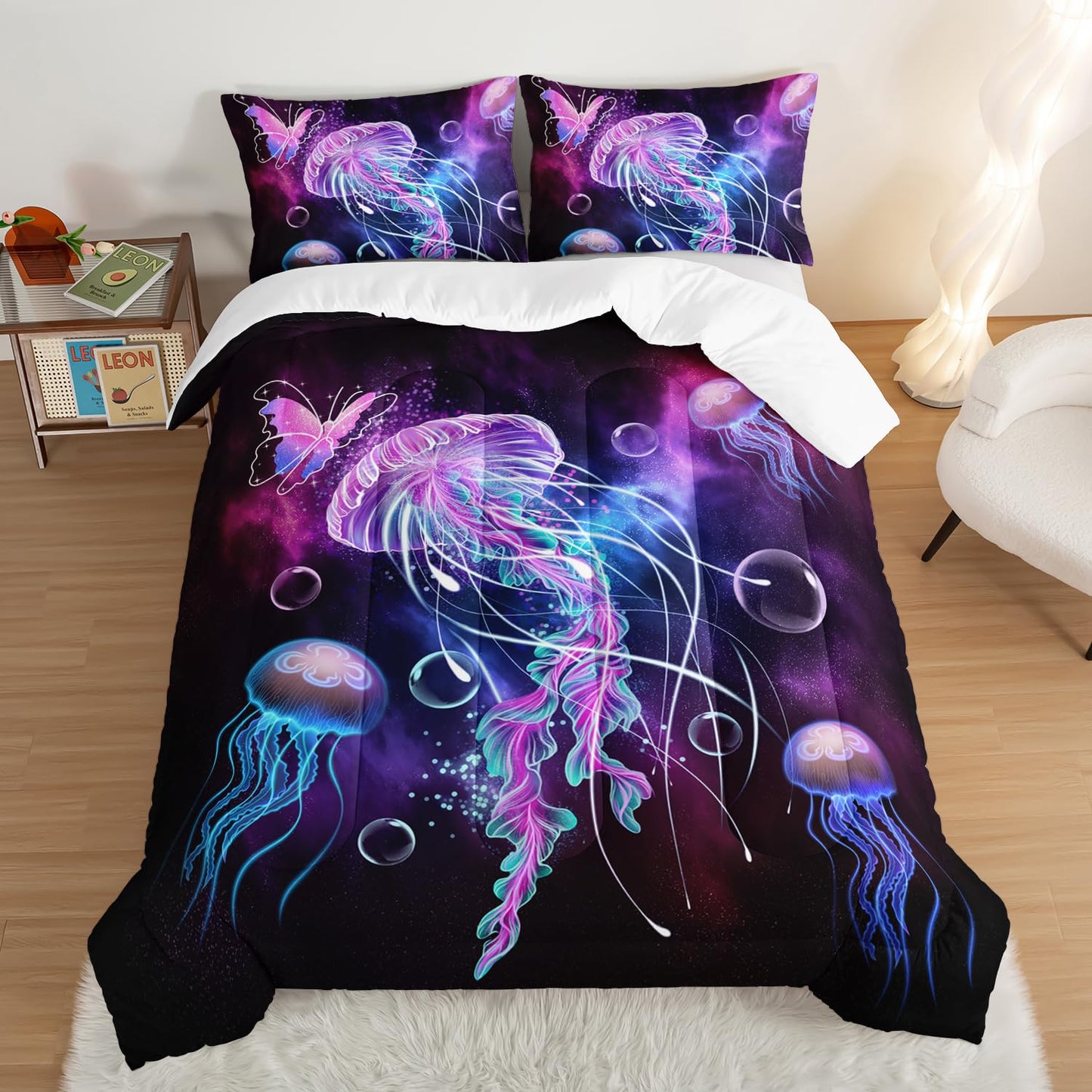 HOSIMA Jellyfish Printed Comforter Ocean Theme Bedding Set 3 Piece, Starry Sky Galaxy Bedding Room Decor Butterfly Comforter for Kids Teens Adult