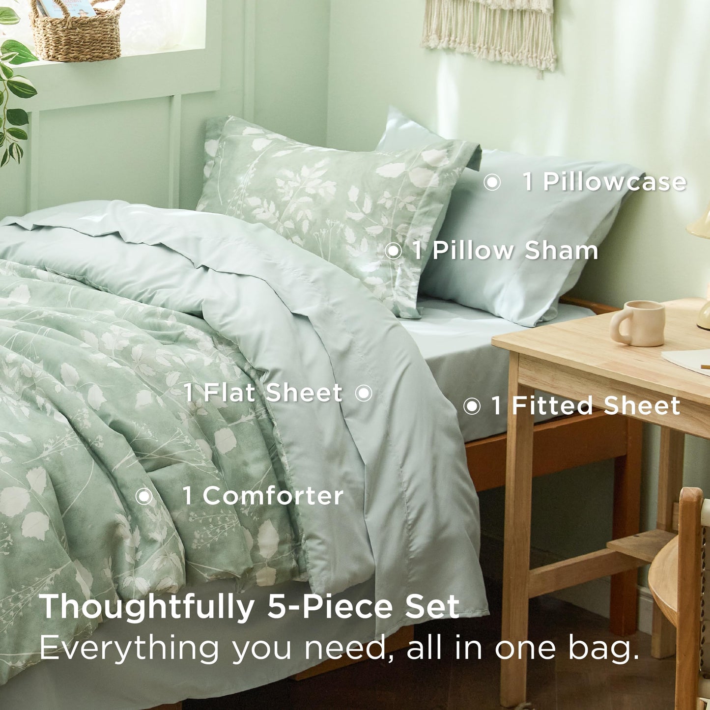Bedsure Sage Green Twin XL Comforter Set - 5 Pieces Floral Bedding Sets Twin XL Bed in a Bag with Reversible Botanical Flowers Comforter, Sheets, Pillowcase & Sham