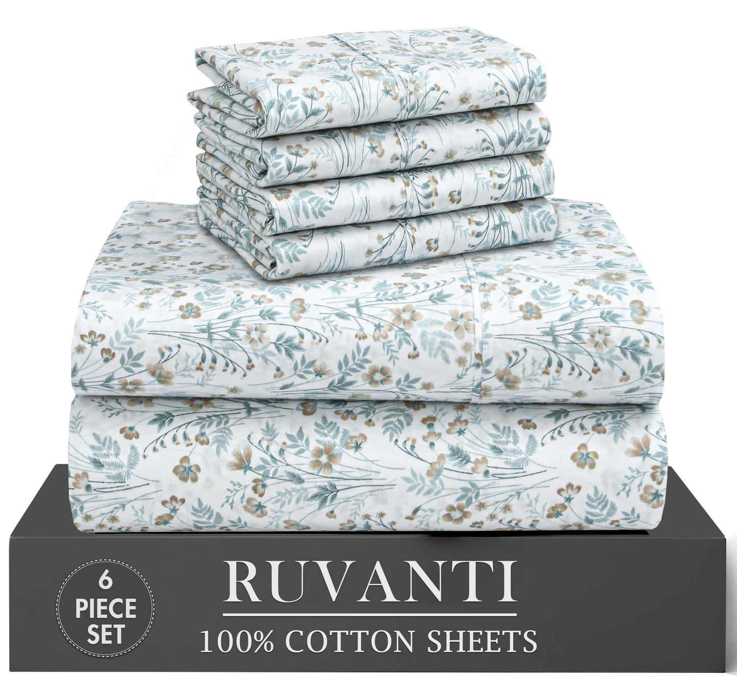 RUVANTI 100% Cotton Percale Sheets Queen Size 6 Piece Set, Cooling Bed Sheets for Hot Sleepers, Deep Pocket 16”, Breathable Lightweight & Durable, Crisp Hotel Style Sheets, Fleur & Field