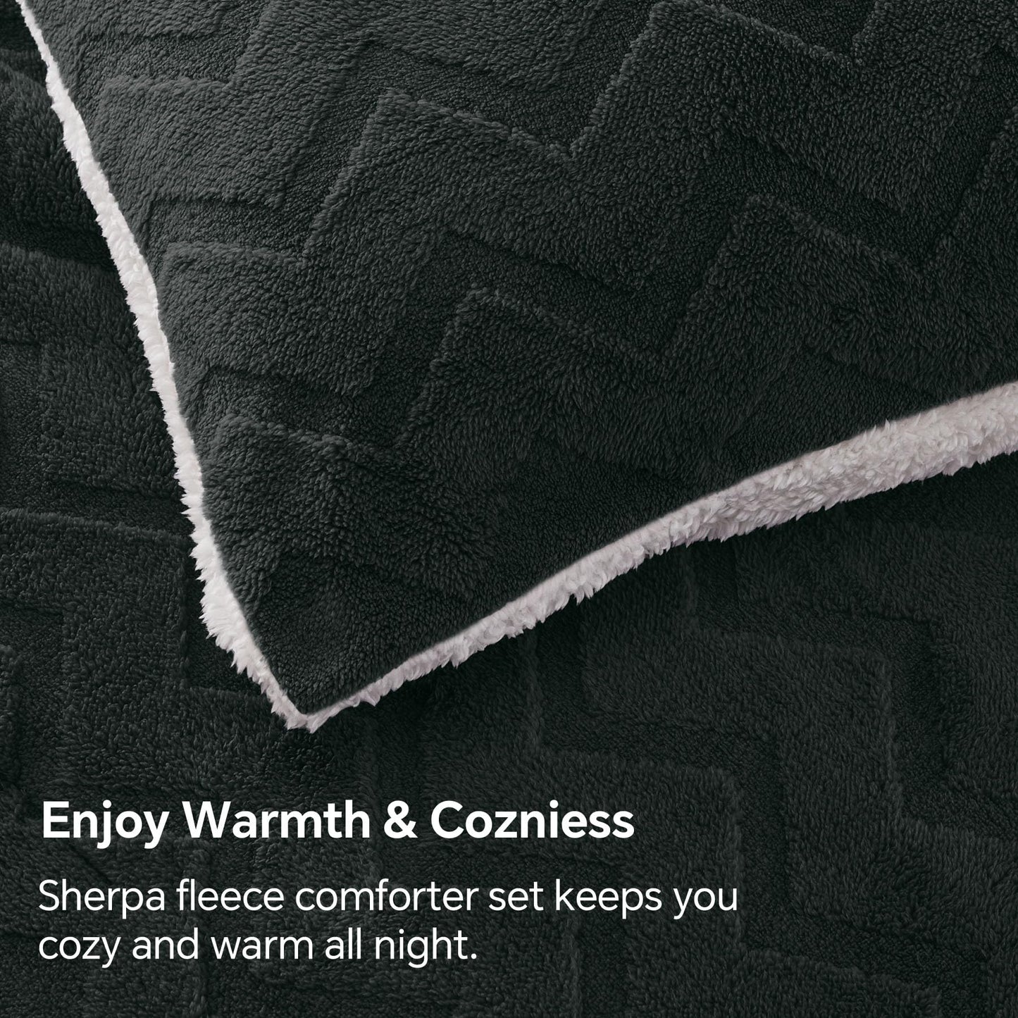 BEDELITE Fluffy Queen Comforter Set - Super Soft Sherpa Black Comforter for Queen Size Bed, Luxury Warm Bedding Set for Winter, Fuzzy Bed Set 3 Pieces (1 Comforter, 2 Pillowcases)