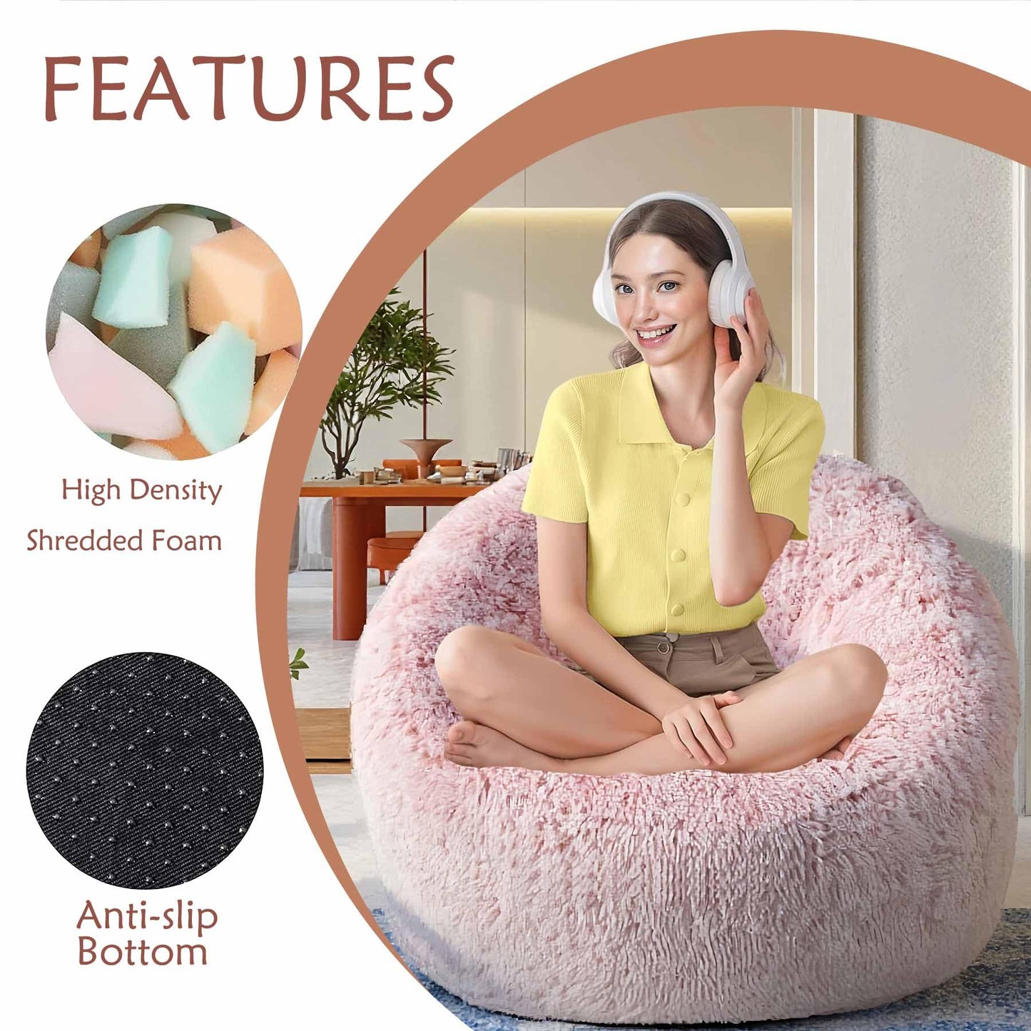 Plush Faux Fur Bean Bag Chairs, Memory Foam Filled Sofa Chair Shape Bean Bag for Adults/Teens/Kids, Ultra-Soft Lazy Sofa for Living Room Bedroom College Dorm, Pink