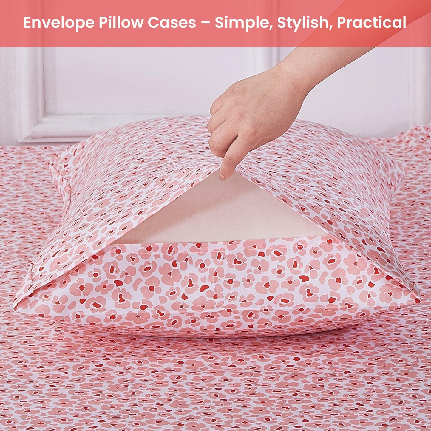 Softan Pink Floral Full Sheet Set, Cozy Microfiber Leopard Printed Fitted Bed Sheet with 15" Deep Pockets & Non-Slip Straps, Cute Girls Patterned Double Sheets & Pillowcase Set