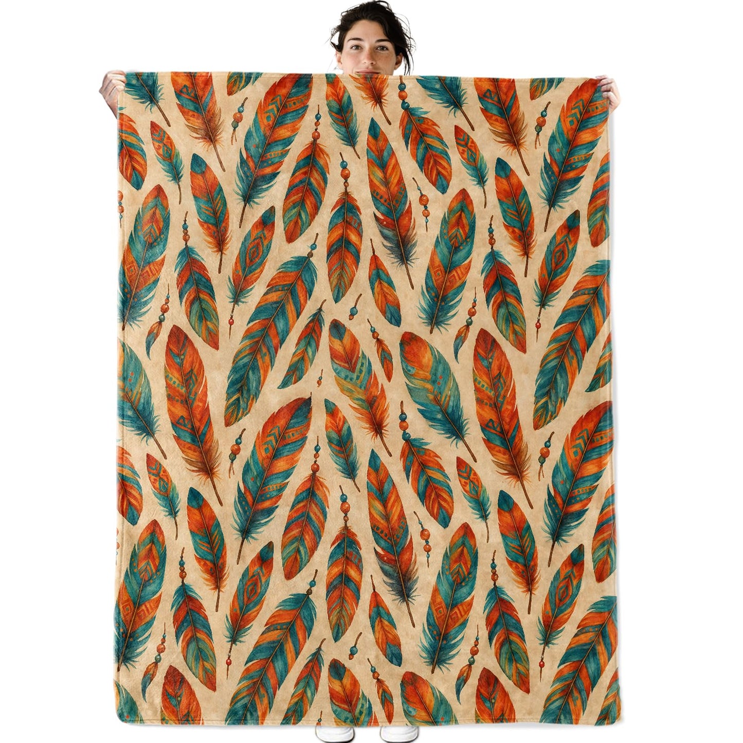 Boho Feather Pattern Fleece Blanket for Boys Girls Kids, Cozy Soft Tribal Art Theme Blankets Gifts for Women, Adults, for Bedroom, Travel, Camping, Sofa, Room Decor 50x60 in