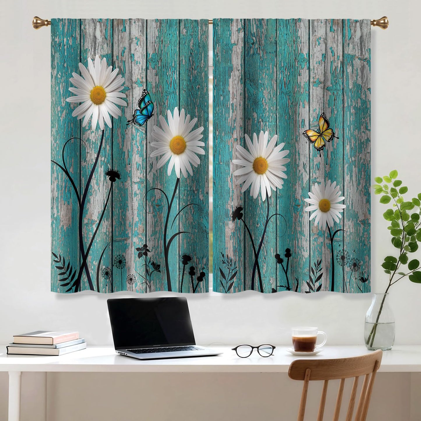 Cizuug Farmhouse Teal Daisy Kitchen Curtains Rustic Wooden Country Small Short Cafe Window Curtains Vintage Flower Floral Rod Pocket Bathroom Drapes Treatment Tier Curtains 2 Panels(27.5x39 Inch)