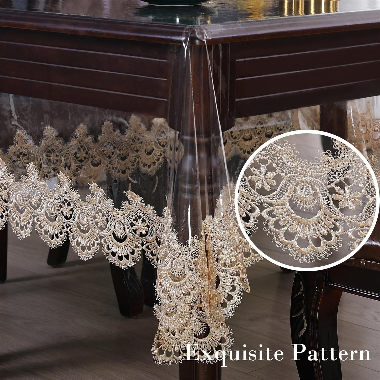 Rakila Clear Plastic Rectangle Tablecloth Vinyl Waterproof Table Cloth Embroidered Lace Edge Transparent Table Cover for Dining Kitchen Outdoor(60 x 86 inch, Coffee Style 3)