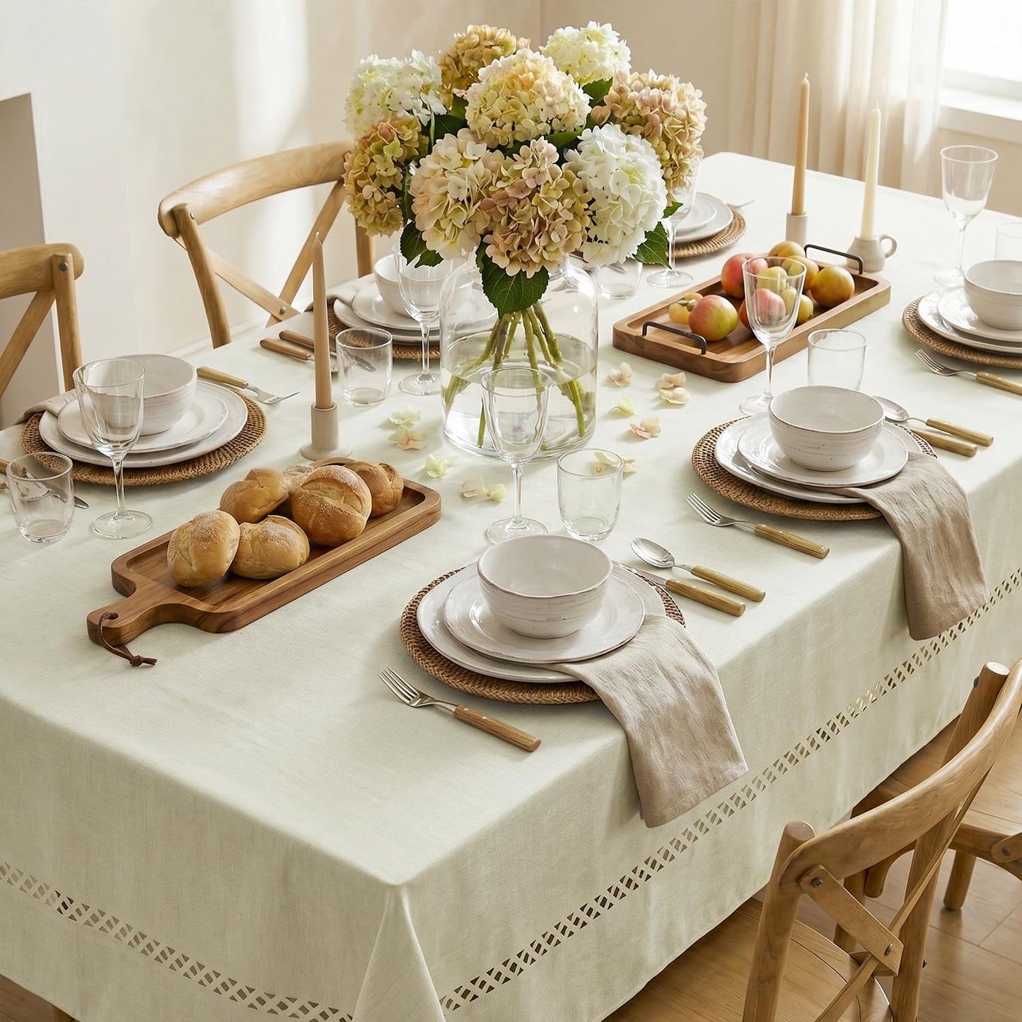 Horaldaily Beige Farmhouse Style Tablecloth with Decorative Cutouts, 60×84 Inch Rectangular Polyester Table Cloth, Wrinkle Resistant Washable Table Cover for Dining Wedding and Outdoor