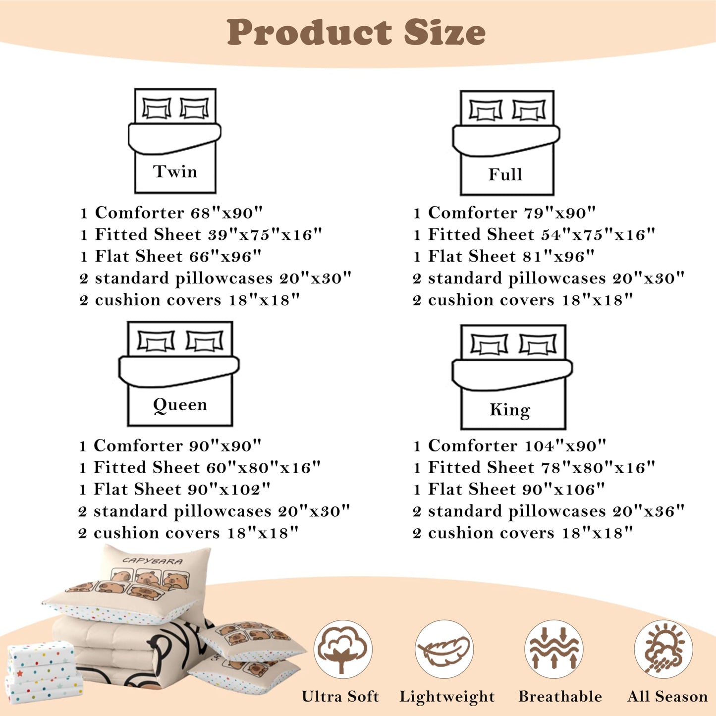 Erosebridal Capybara 7 Piece Bedding Set Twin Size,Cute Animal Bed in a Bag,Capybara Lovers Bed Set Includes Comforter, Sheet Set, Pillowcases & Pillow Covers All Season Bedroom Decor