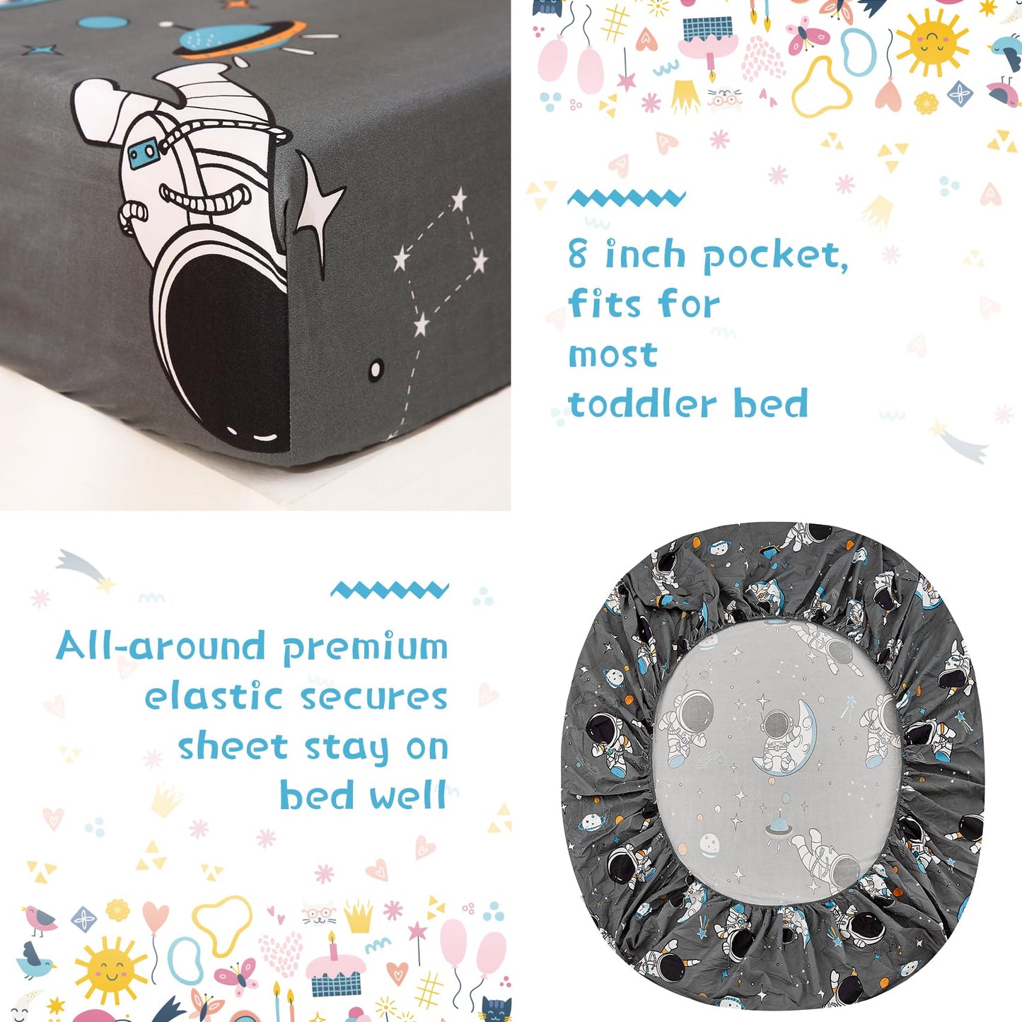 JSD Grey Astronaut Toddler Bedding Set, 4 Piece Space Theme Bed-in-a-Bag Comforter Sheet Set, Machine Washable