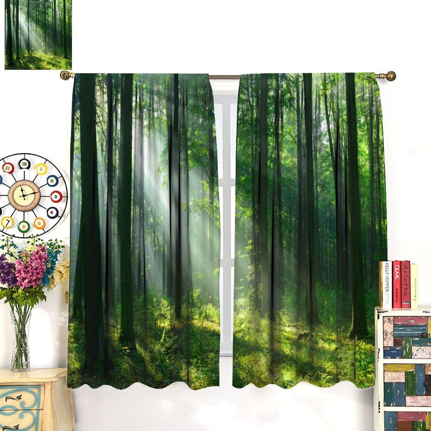 Green Misty Forest Curtains Nature Sunshine Sunlight Through Trees Leaves Natural Forest Woodland Landscape for Bedroom Living Room Rod Pocket Decoration Window Drapes 2 Panels W21xL63i W21xL45in