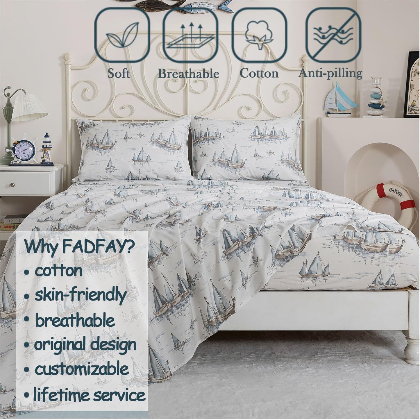 FADFAY Premium 100% Cotton Sheet Set Queen – Coastal Nautical Sailboat Bedding, Soft Gray Seaside Harbor Print, Soft Breathable Cooling Bed Sheets, Deep Pocket Luxury Coastal Bedding 4 Piece
