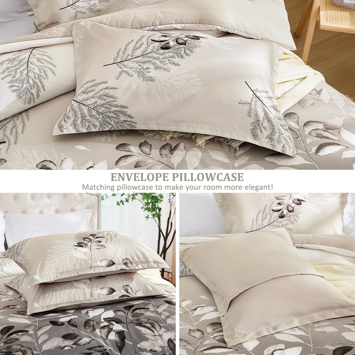 DJY Beige Comforter Set King, 3 Piece Brown Botanical Leaves Comforters with 2 Pillow Shams King Sizes Reversible Floral Comforter Sets Soft Microfiber Bedding Set for All Season (104"x90")