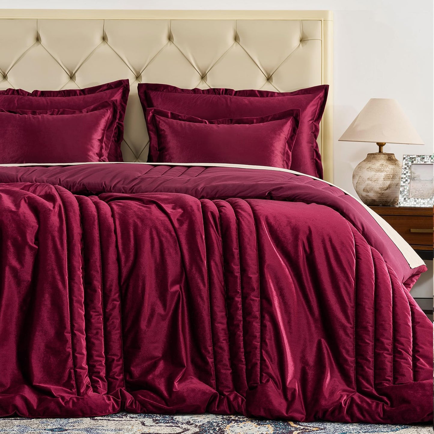 Burgundy Velvet Bedding Comforter Sets: Queen Size 3 Pieces Luxury Ultra Soft Bed Set Suitable for All Seasons - Cozy Striped Modern Rustic Lightweight Men Women Bedroom Queen Comforter with 2 Shams