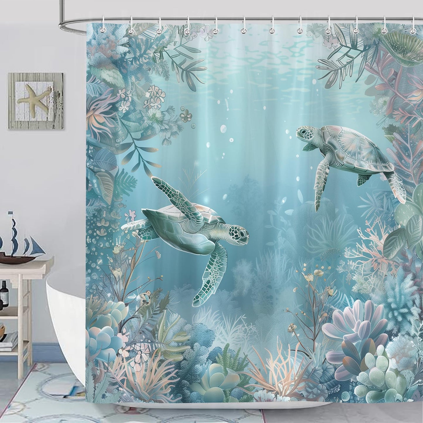 Sokdcam Sea Turtle Shower Curtain, Blue Teal Turtle Beach Theme Shower Curtain for Bathroom, 72 x 72 Inch Polyester Fabric Waterproof Bath Curtains Decor Set with 12 Hooks