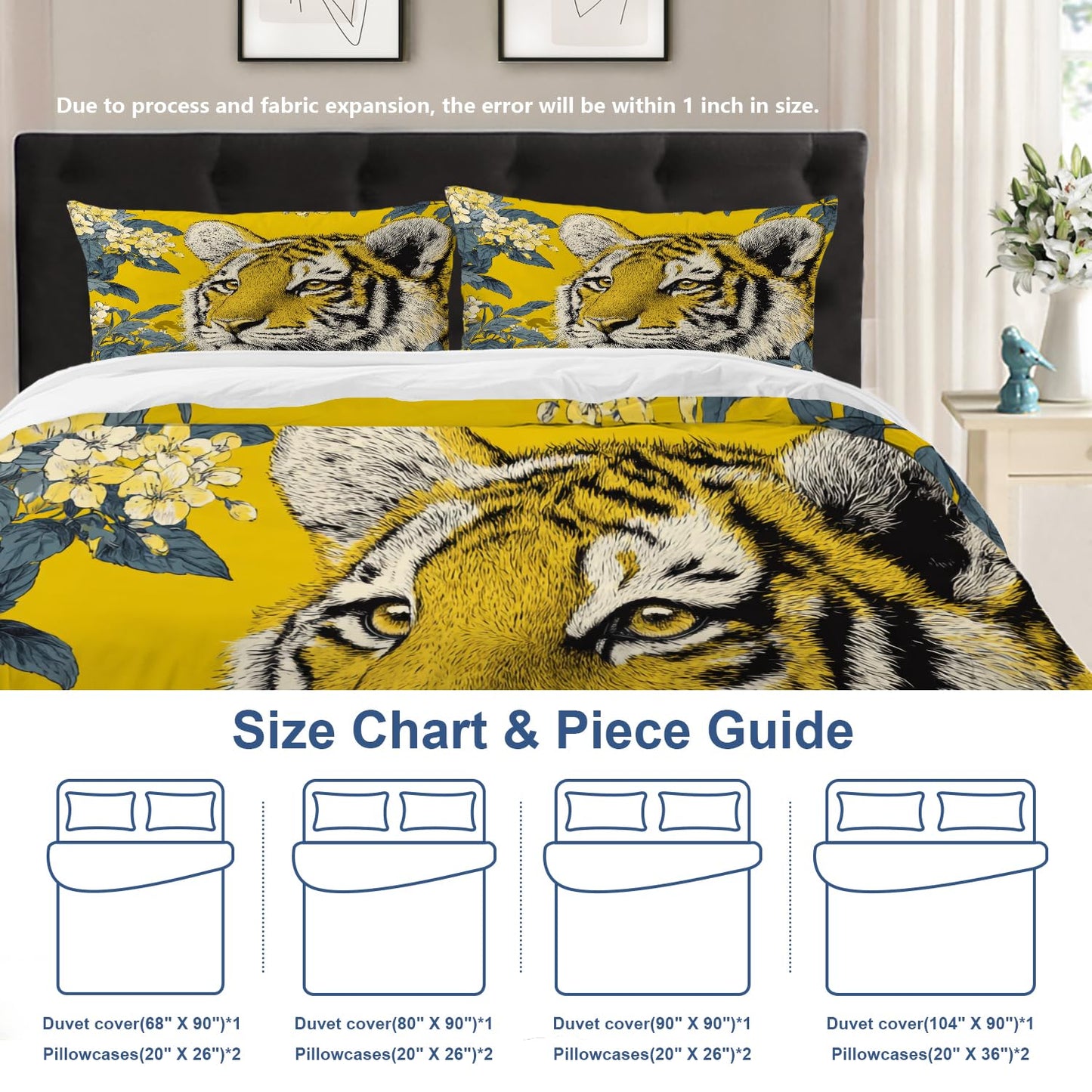 Batmerry Cute Tiger in Yellow King Size 3 Pieces Bedding Duvet Cover Sets, Soft Tiger Yellow Flowers 100% Cotton Printed Duvet Cover for All Season