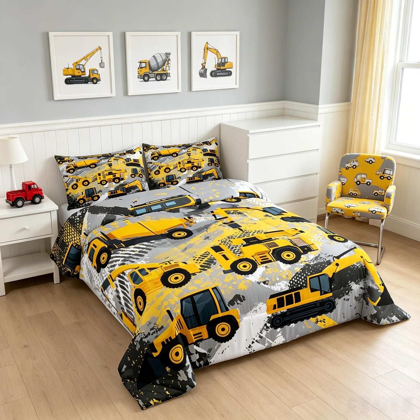 Feelyou Kids Construction Comforter Set Twin Bedding Sets for Boys Toddler Children Cartoon Cars Excavator Tractor Comforter Set Construction Machinery Truck Duvet Set Cars Bed Set with 1 Pillow Case