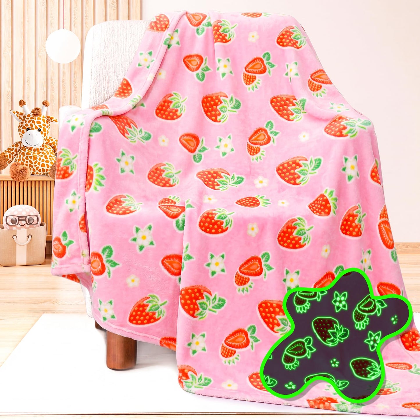 Glow in The Dark Strawberry Blanket for Women Girls, Cute Pink Fleece Throw Blanket, Soft Throw for Bedroom Couch Sofa Decor, Christmas Strawberry Gifts for Women Kids Teens